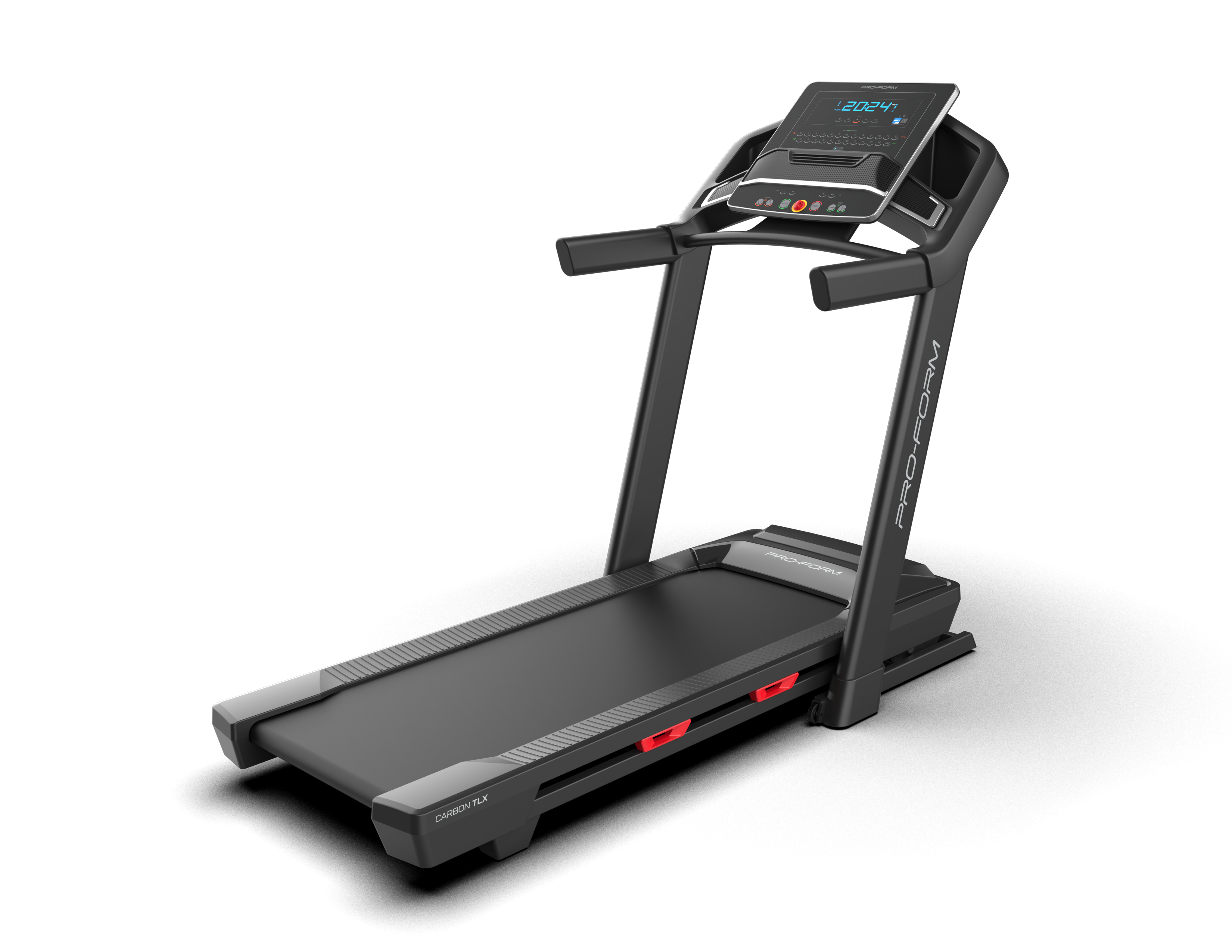 Schwarzes und graues Pro-Form Laufband mit Digitalanzeige, roten Akzenten, auf schwarzem Grund.
