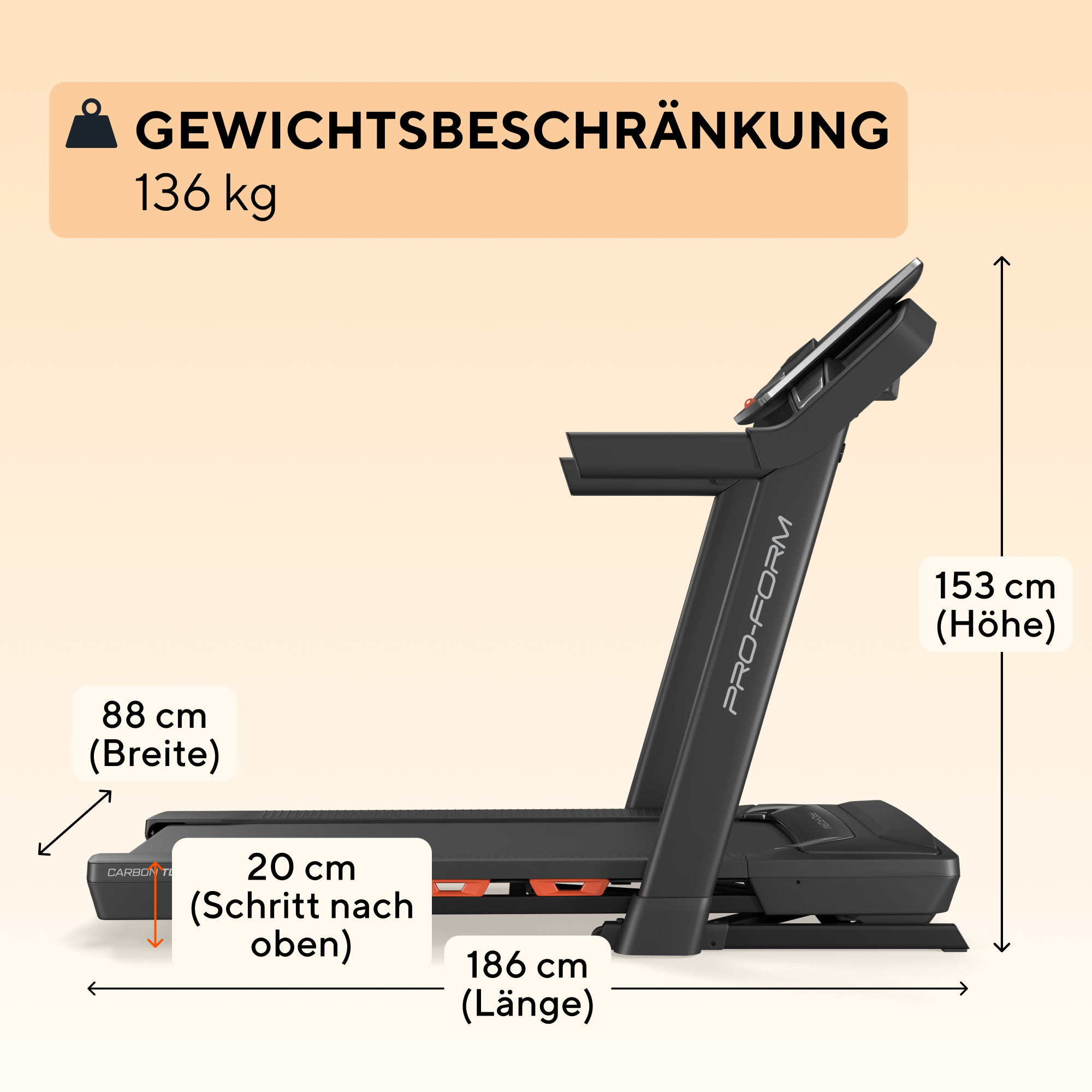 Laufband mit Abmessungen. Text: Gewichtsbeschränkung 136 kg. Abmessungen: 88 cm Breite, 186 cm Länge, 153 cm Höhe.