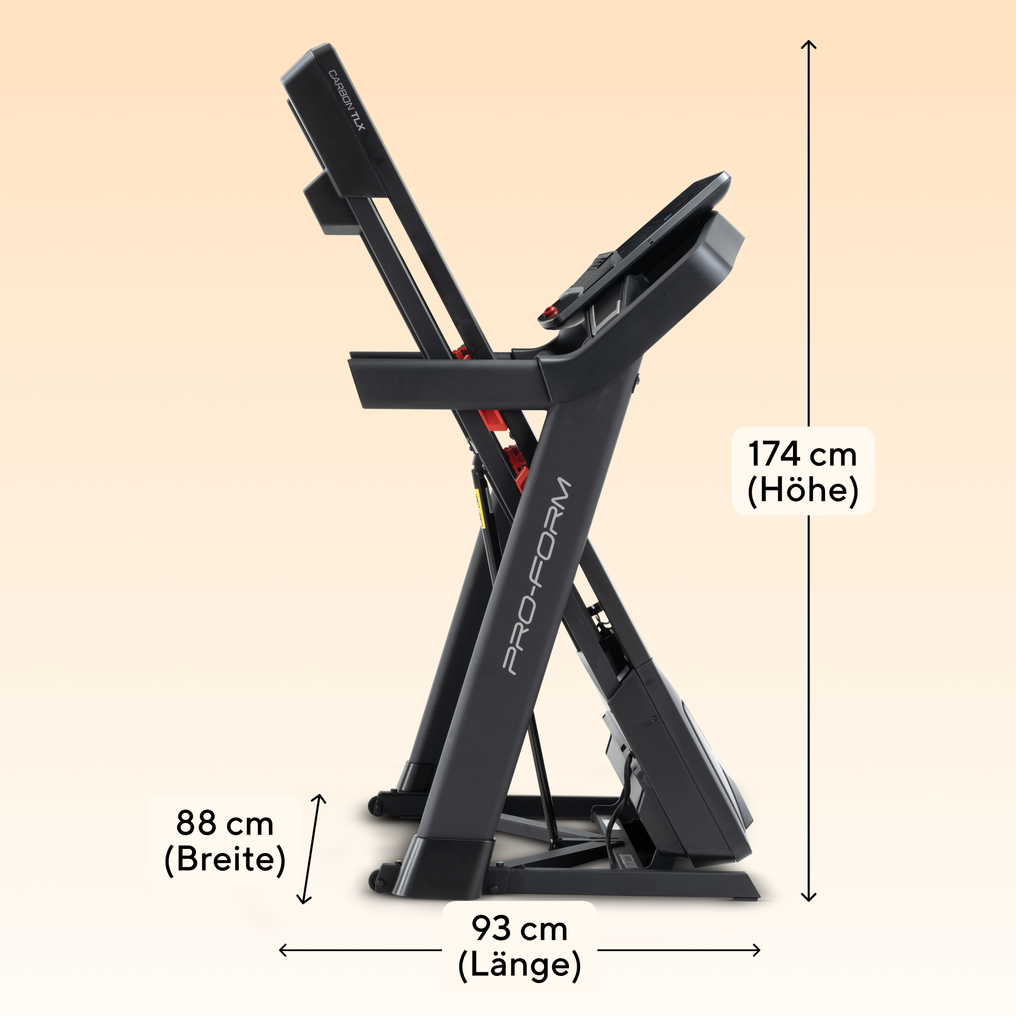 Schwarzes Pro-Form Laufband mit angegebenen Abmessungen.