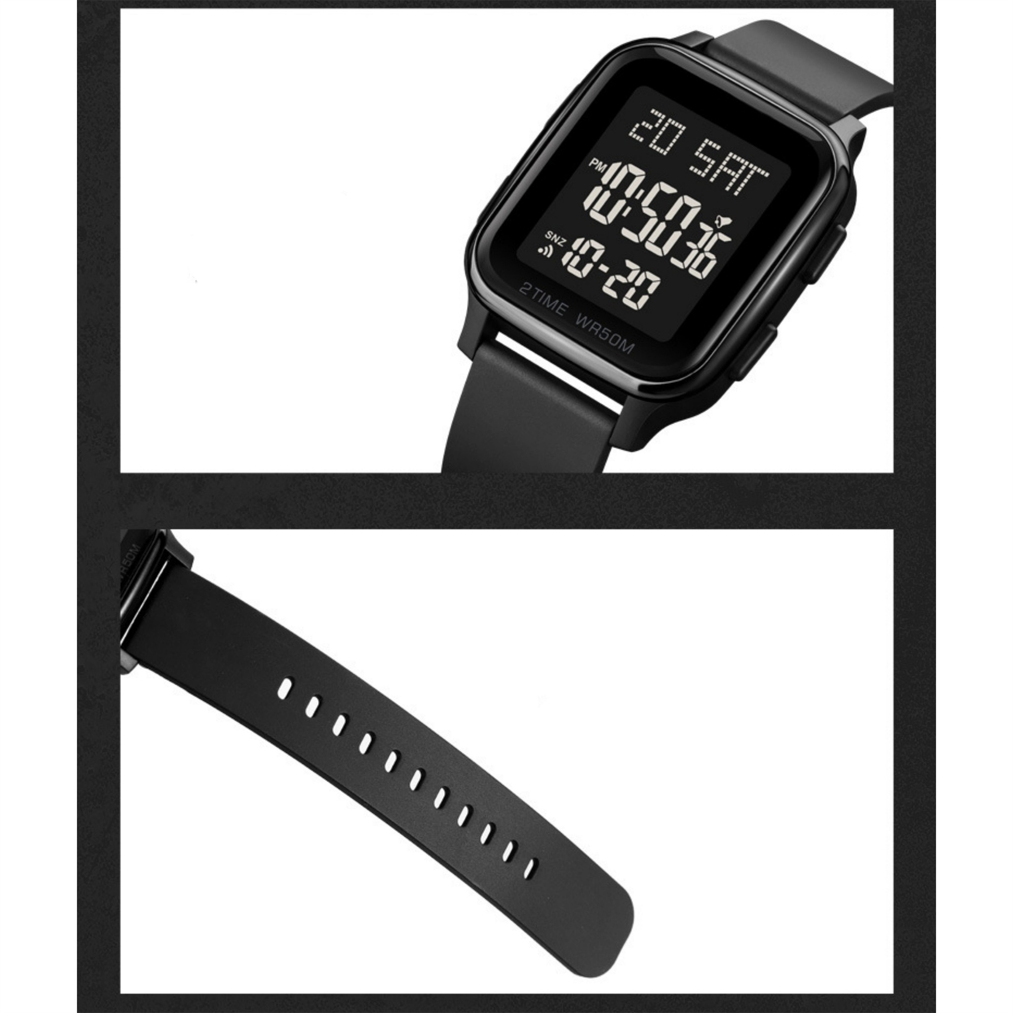 Zwei Bilder einer schwarzen Digitaluhr mit schwarzem Armband. Eines zeigt das Zifferblatt.