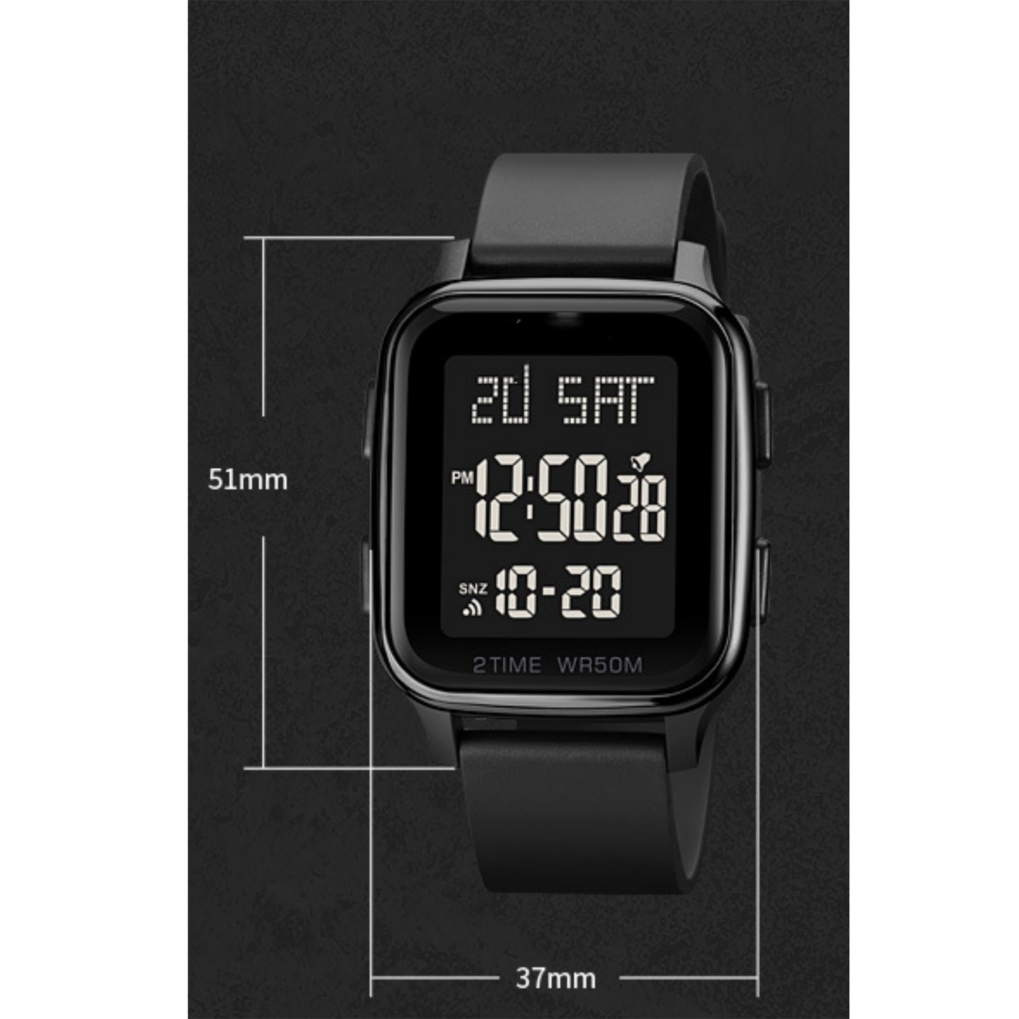 Eine Digitaluhr, die Zeit und Datum anzeigt, vor schwarzem Hintergrund mit Größenangaben.