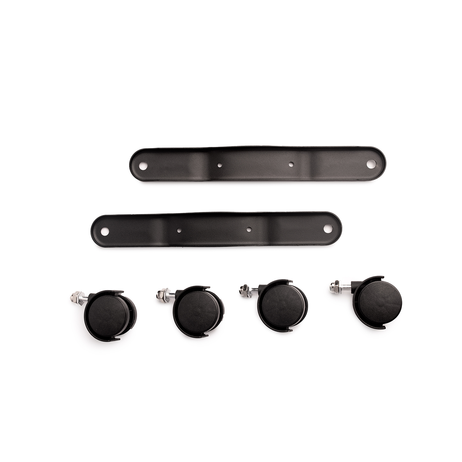 Black metal brackets and four black caster wheels on a white background.