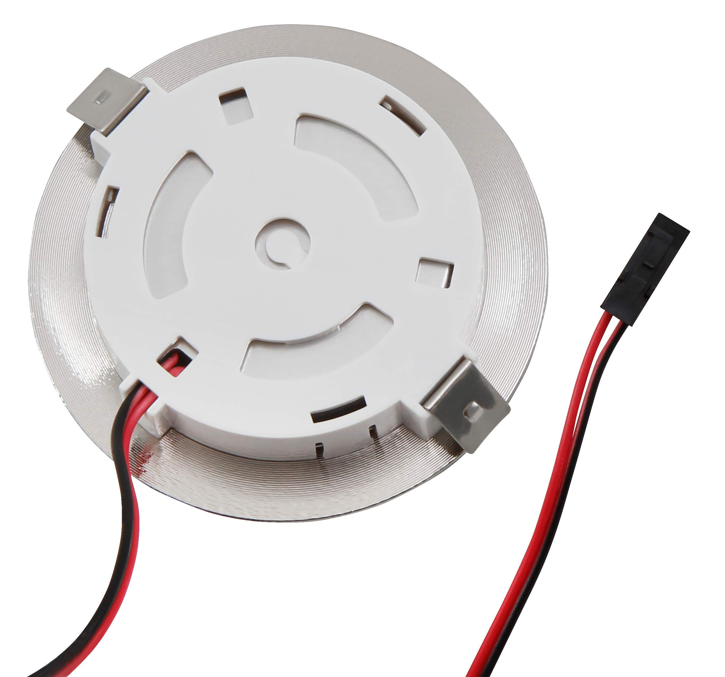 Weiße LED-Leuchte mit roten und schwarzen Drähten.