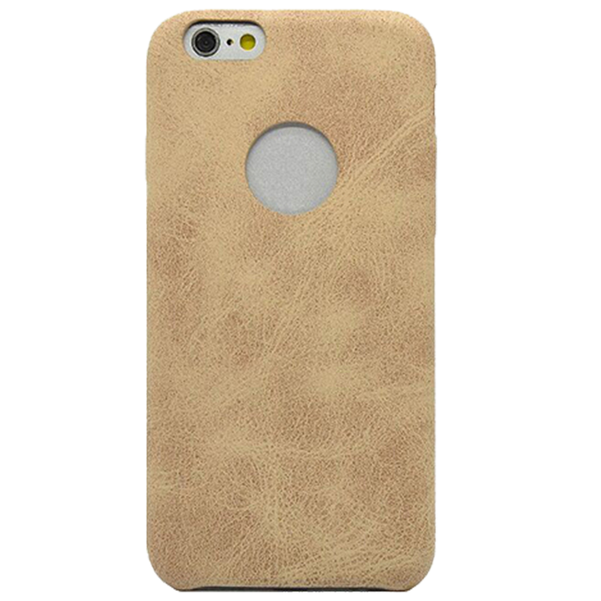 Beige Leder-Handyhülle, Rückansicht, mit Kamera- und Knopfausschnitten.