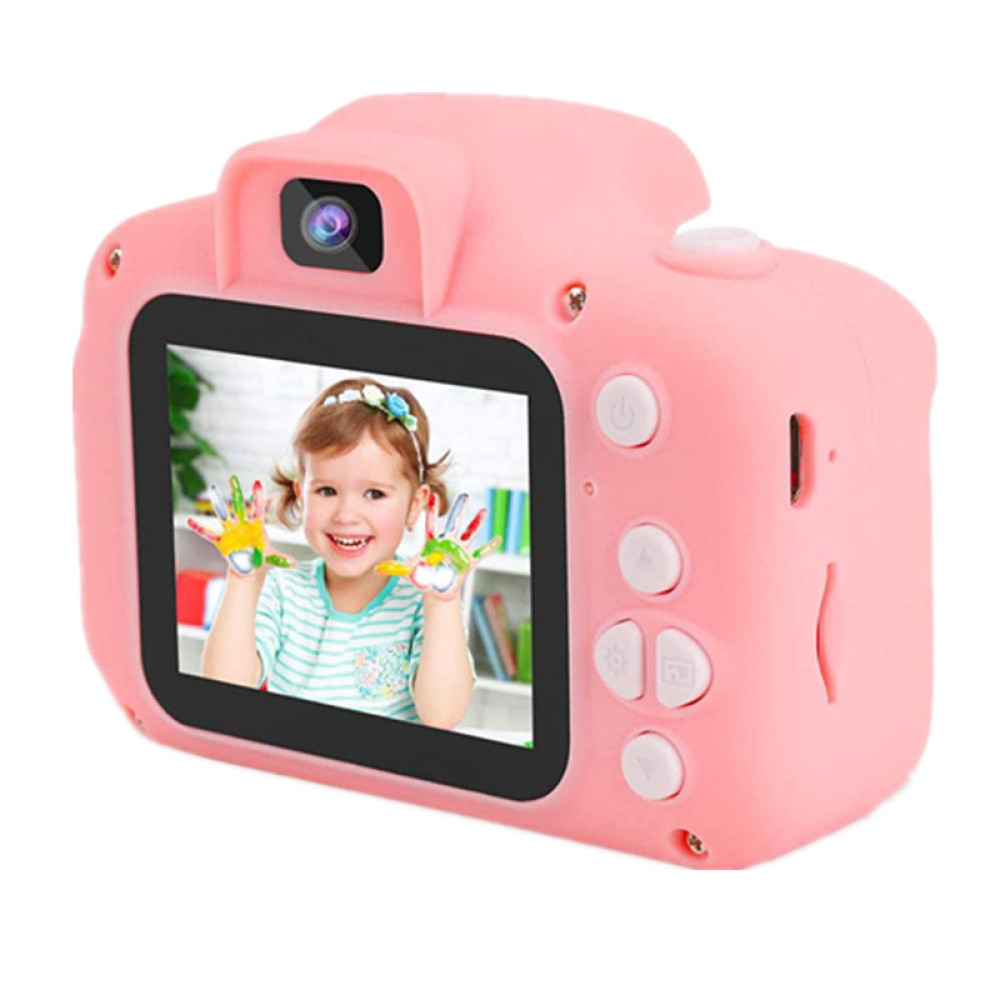 Rosa Kinderkamera mit einem Bild eines lächelnden Mädchens mit bemalten Händen auf dem Bildschirm.