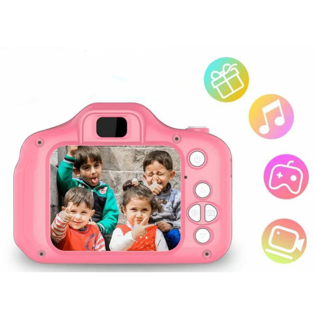 Eine rosa Kamera zeigt ein Foto von vier Kindern. Symbole für Geschenk, Musik, Spiel und Video rechts.
