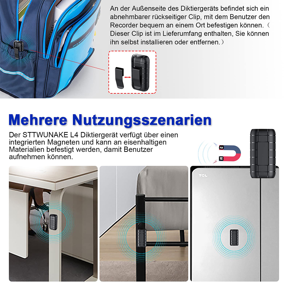 Das Bild zeigt einen schwarzen Rekorder, der an verschiedenen Materialien befestigt ist. Er hat auch einen Clip und einen Magneten.