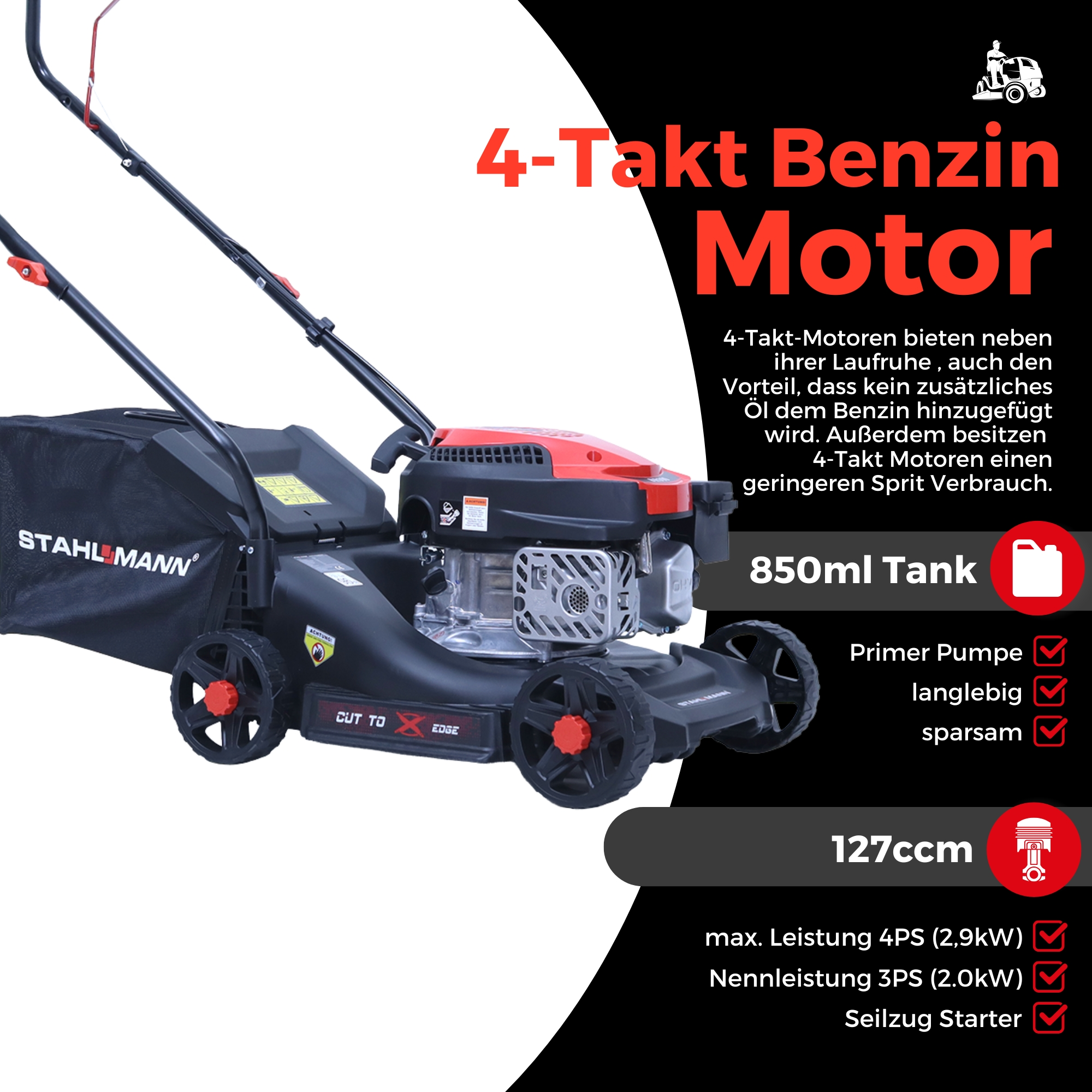 Ein Rasenmäher mit roten Akzenten und einer schwarzen Tasche. Text und Grafiken beschreiben den Motor.