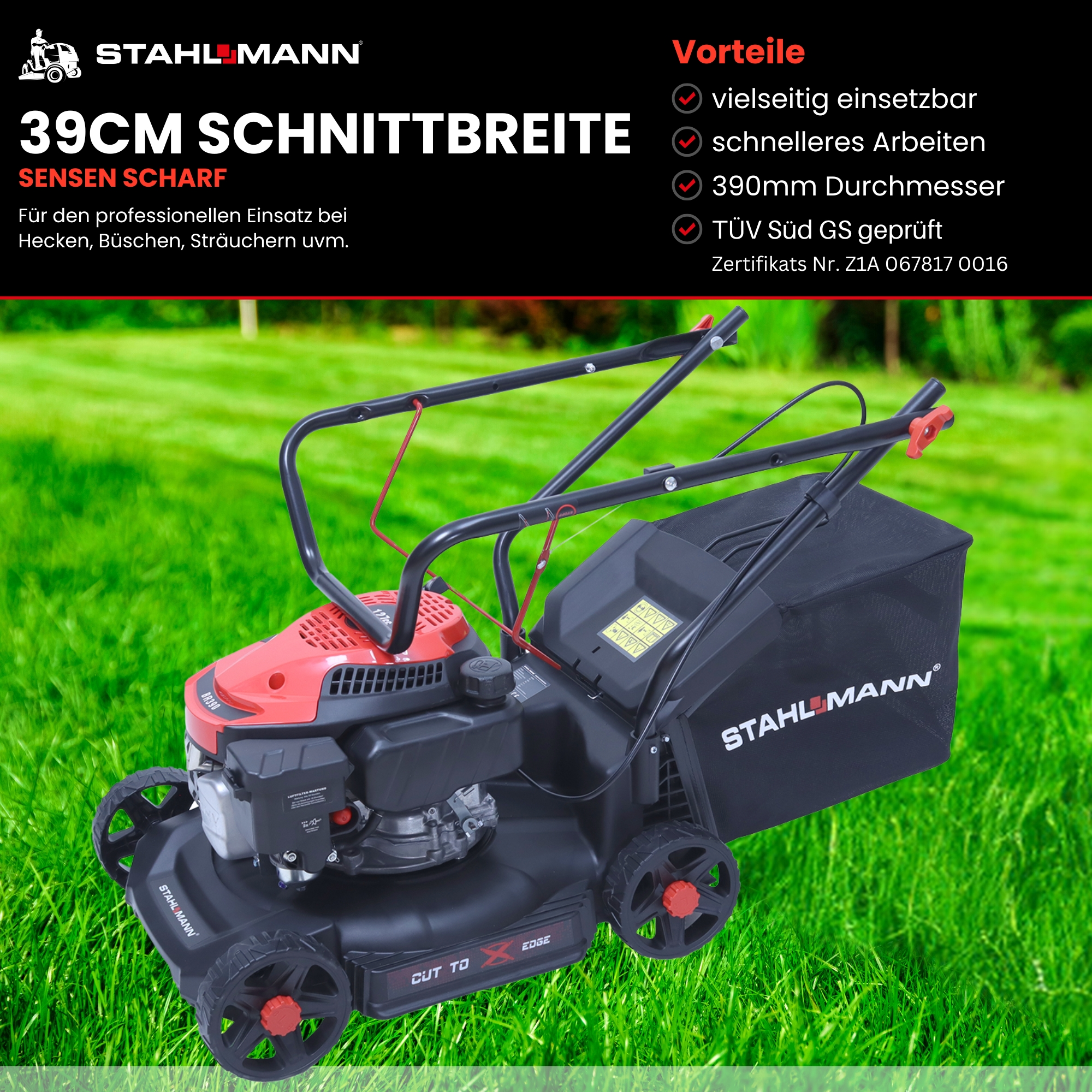 Roter und schwarzer Rasenmäher mit Text und Vorteilsbezeichnungen.