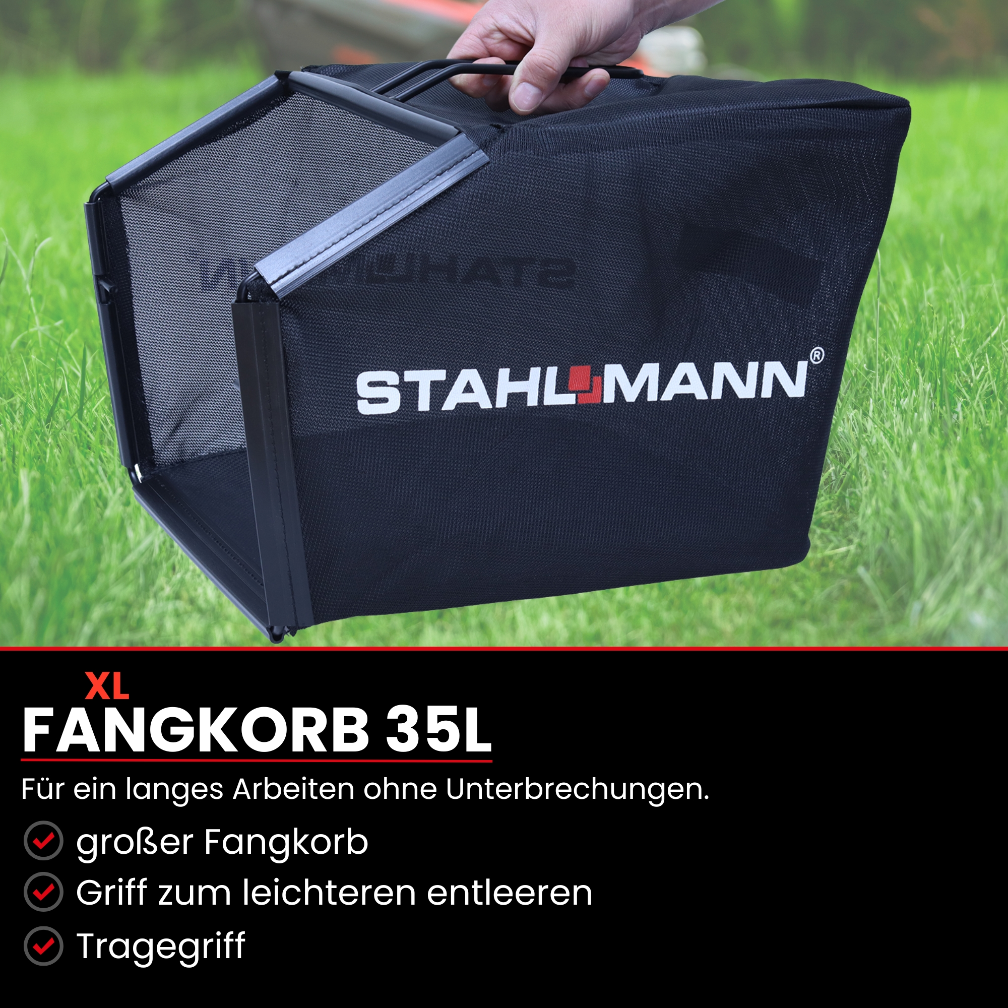Schwarze XL-Rasenmäher-Tasche mit Markennamen und Text in Deutsch, auf grünem Gras-Hintergrund.