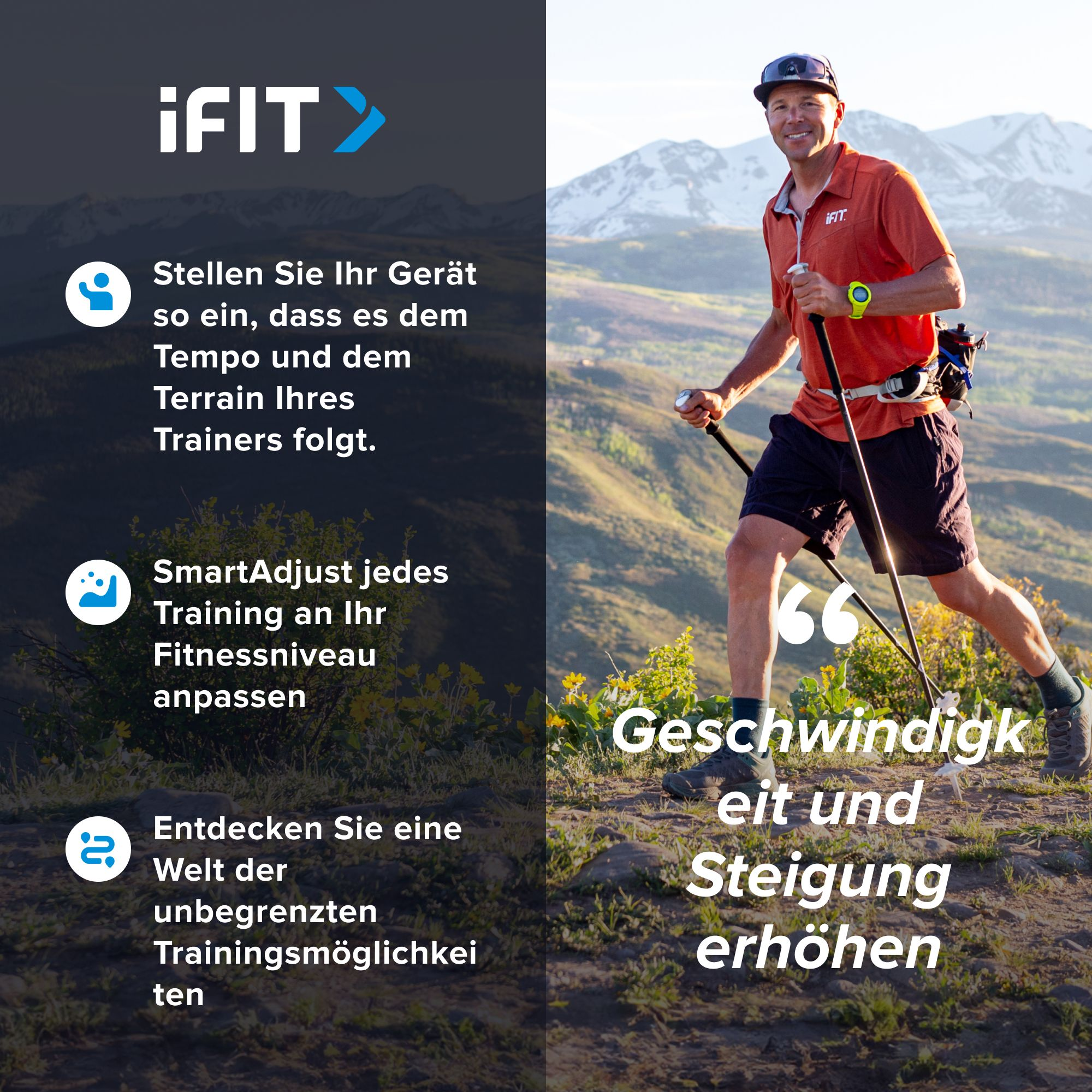 Mann wandert mit Stöcken, mit Text und Symbolen über iFit, auf einem Berg-Hintergrund. Text auf Deutsch.