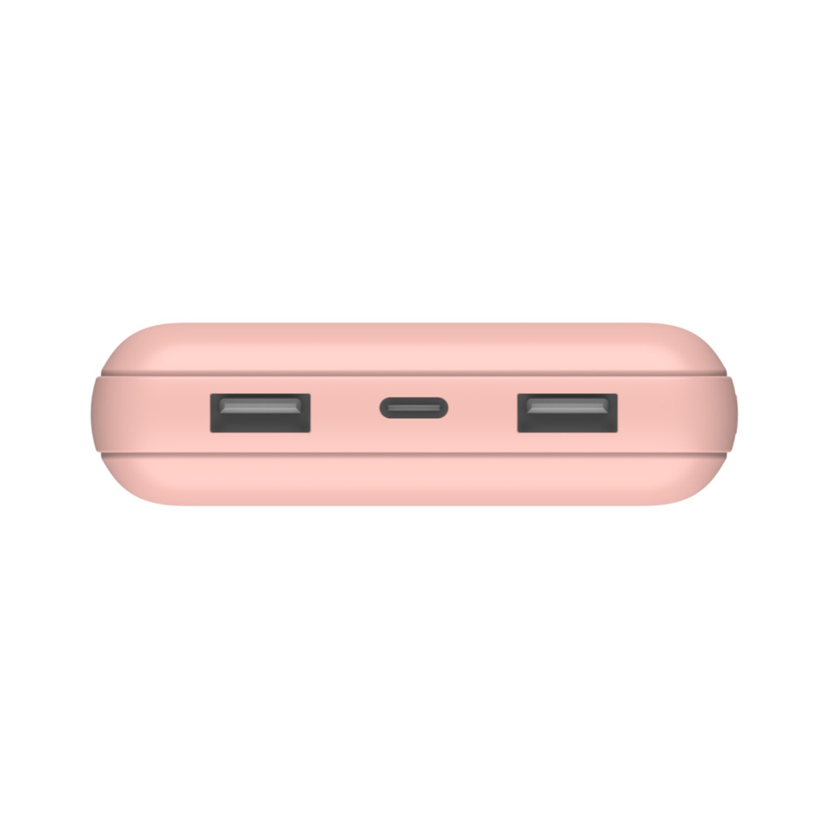 Une batterie externe rose avec deux ports USB et un port USB-C.