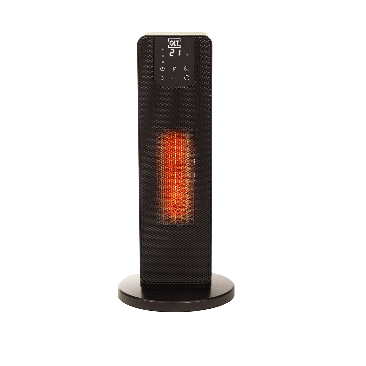Black tower-style heater with digital display. It has a round base and is on a white background. The heater is on.