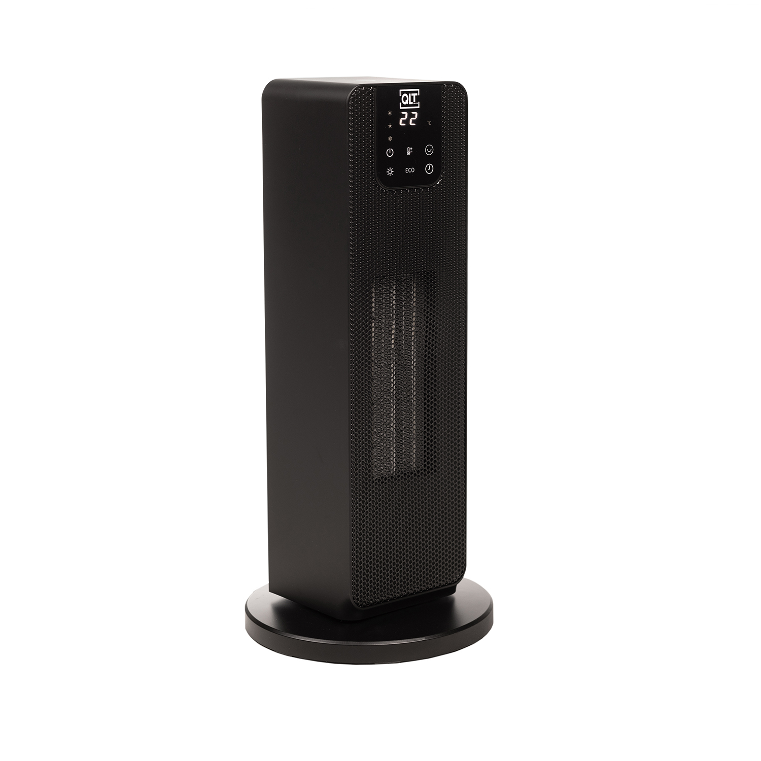 Black tower heater on a white background, with a digital display and control buttons.