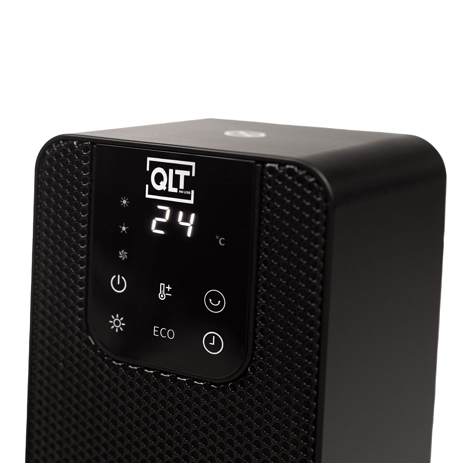 Close-up of a black heater with a digital display showing settings.