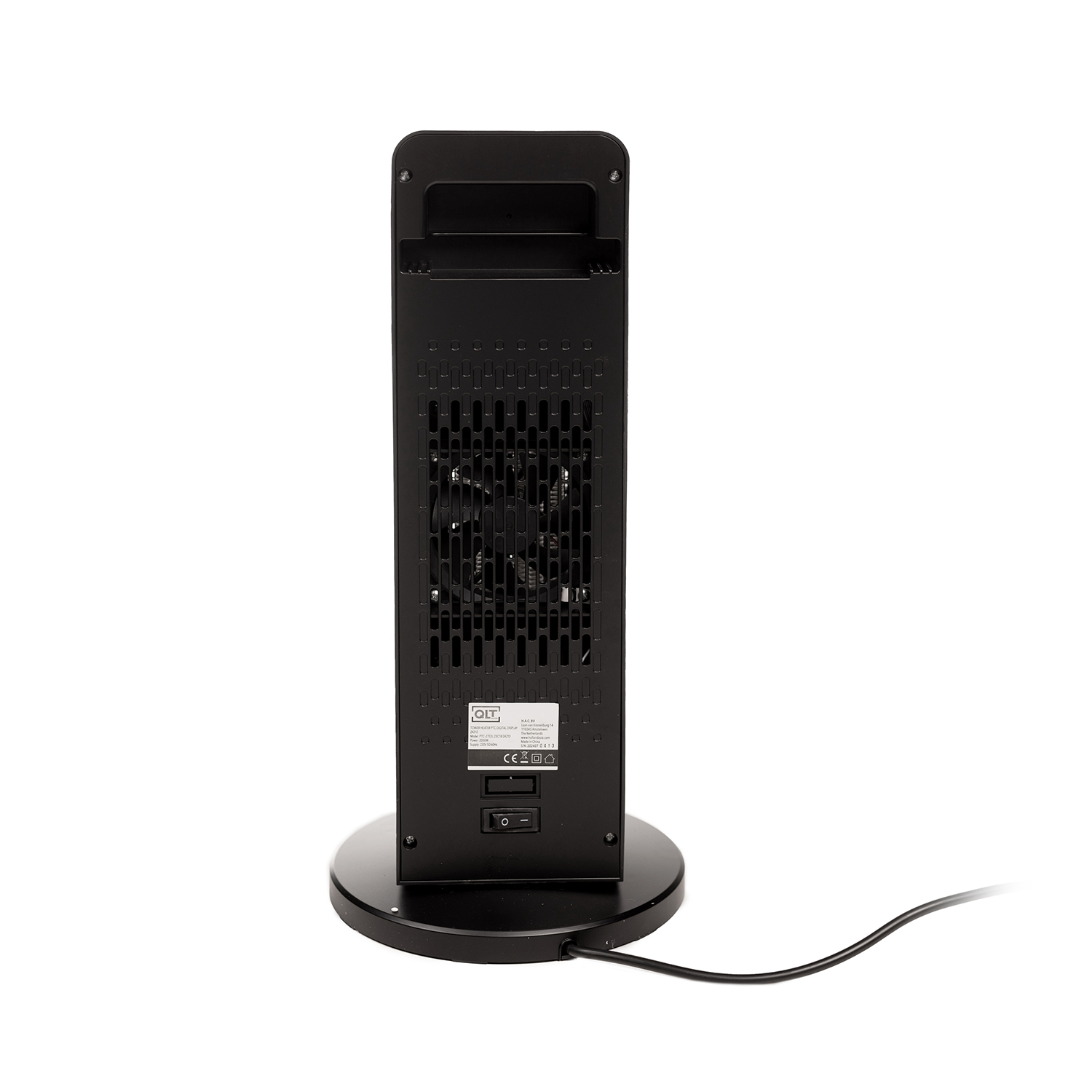A black electric heater with a circular base, the back is visible.