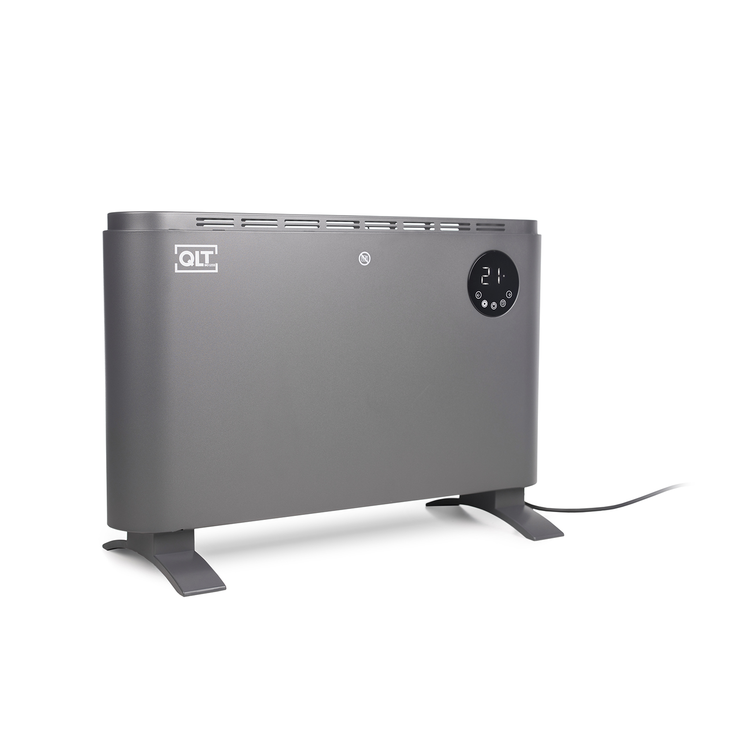 Grijze elektrische kachel. Met digitaal display dat de temperatuur toont.