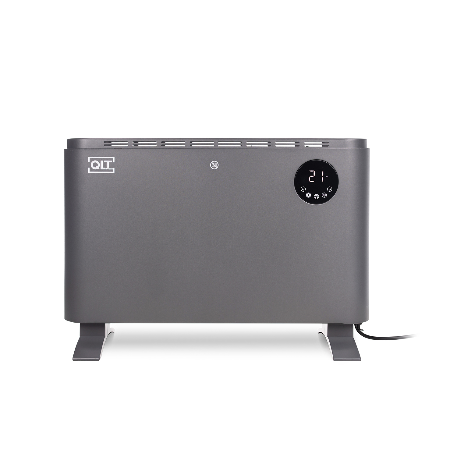 Grijze elektrische kachel met een digitale display die de temperatuur weergeeft, op een witte achtergrond.