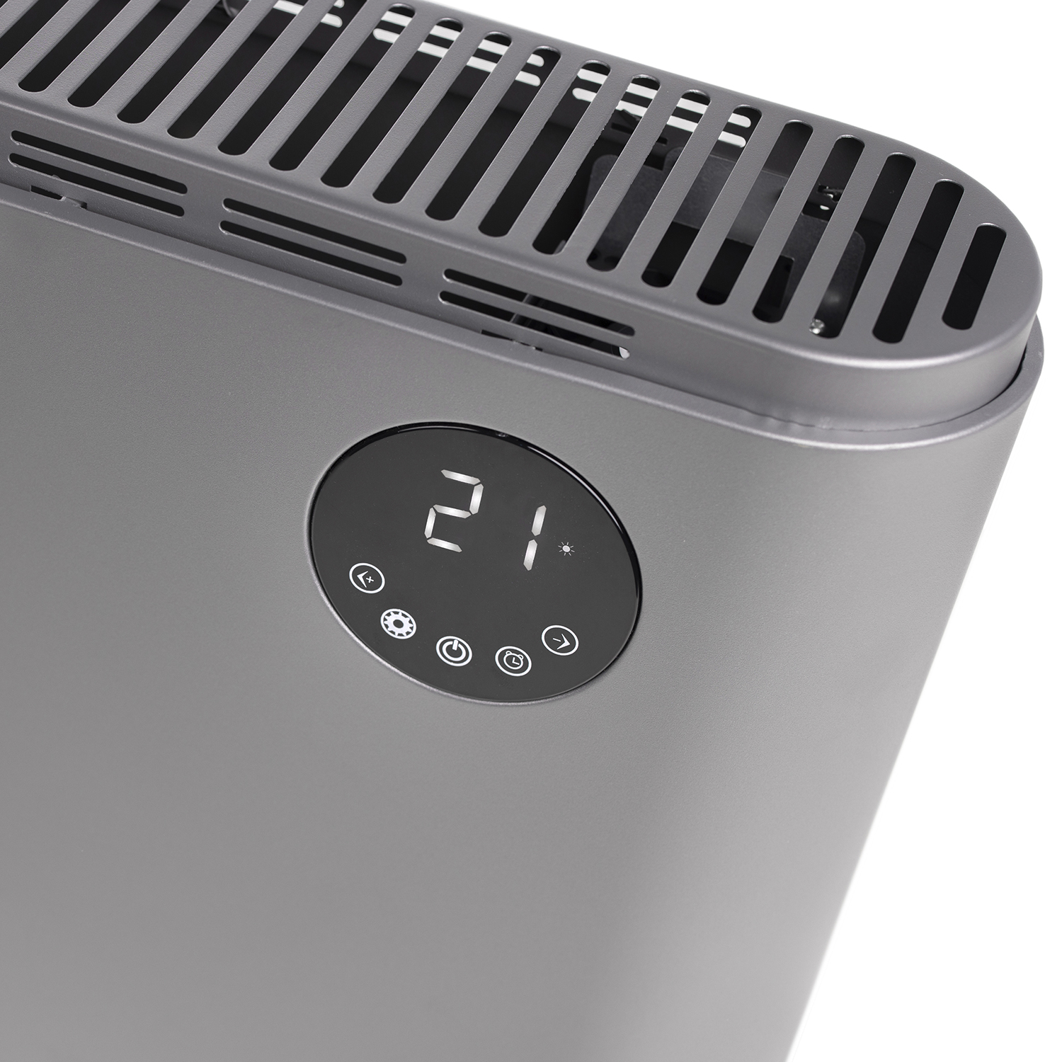 Een grijze kachel met een digitaal display met 21. De bovenkant heeft ventilatieopeningen.