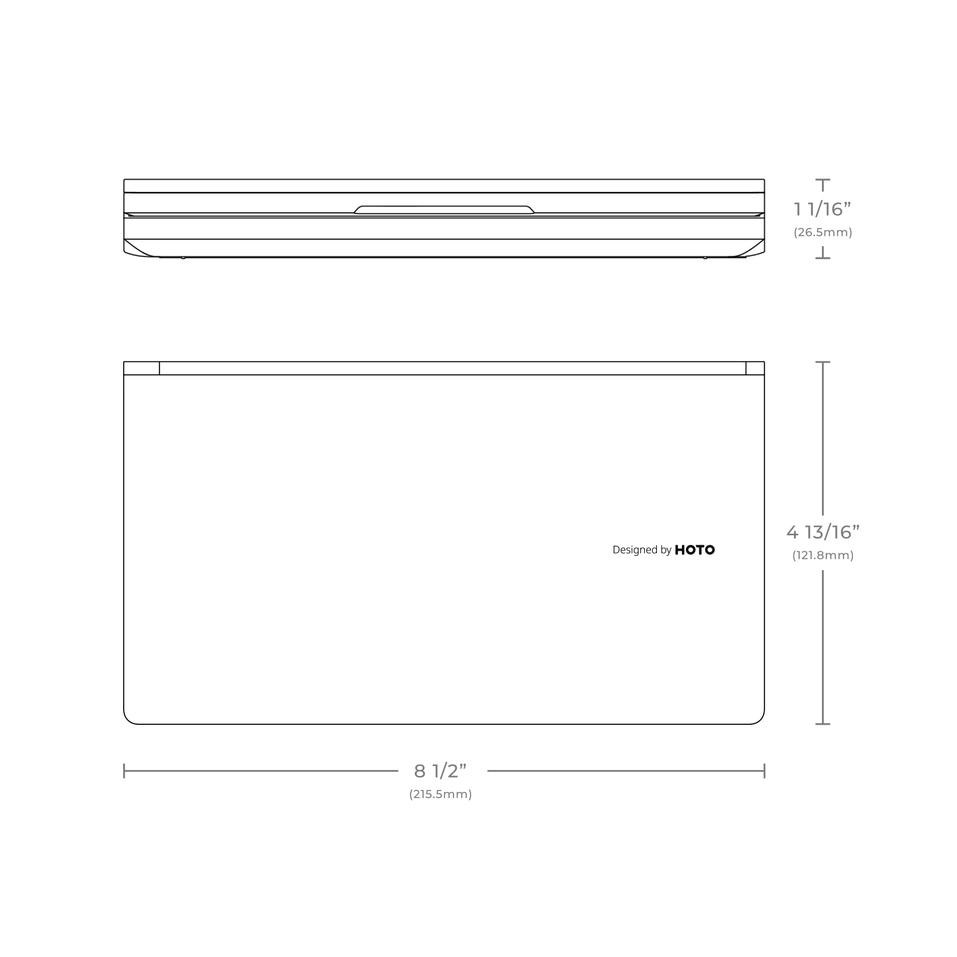 Produktdiagramm mit Abmessungen. Draufsicht und Seitenansicht mit Maßen. Weißer Hintergrund. Entworfen von HOTO.