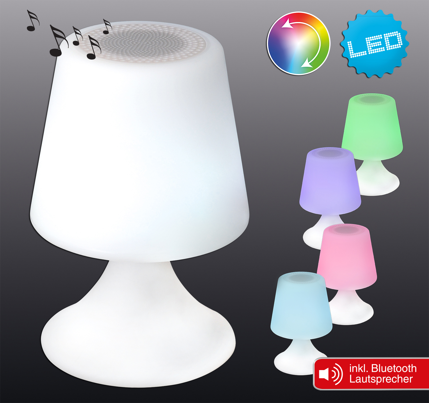 Eine weiße Lampe mit mehreren farbigen Schirmen, die Licht aussendet.