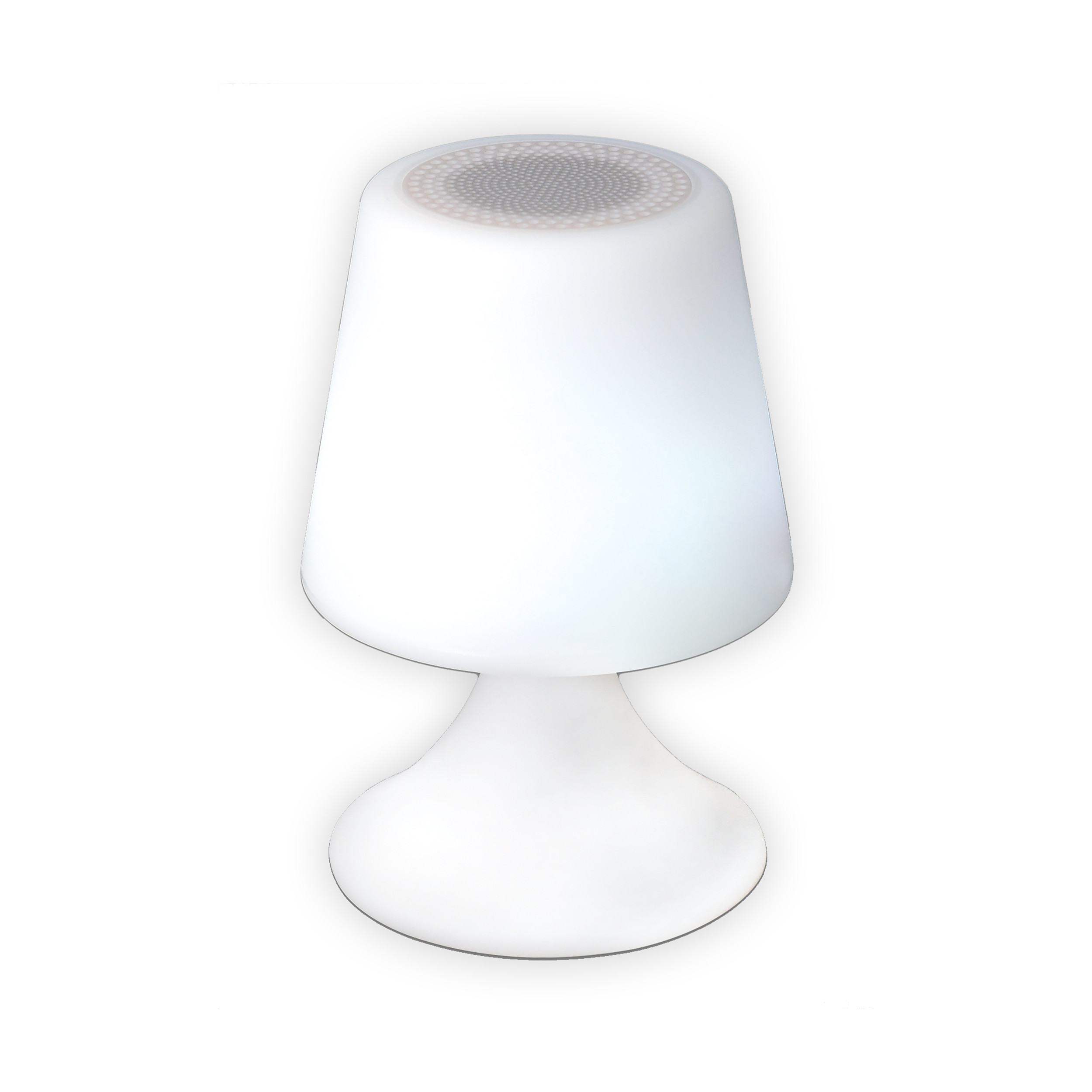 Eine weiße Tischlampe mit rundem Sockel und konischem Schirm. Weißer Hintergrund.
