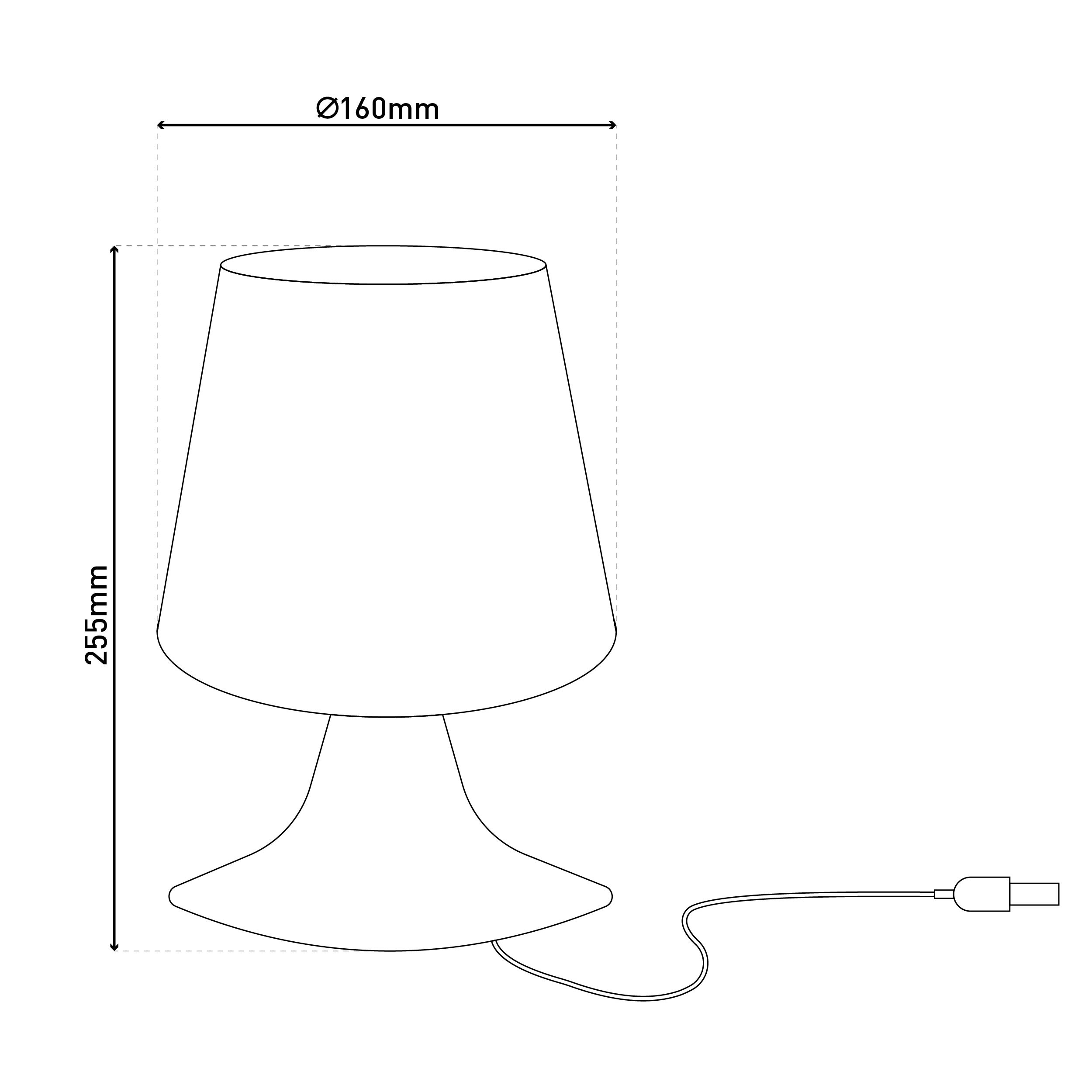 Eine Skizze einer weißen Lampe mit großem Lampenschirm und USB-Kabel.