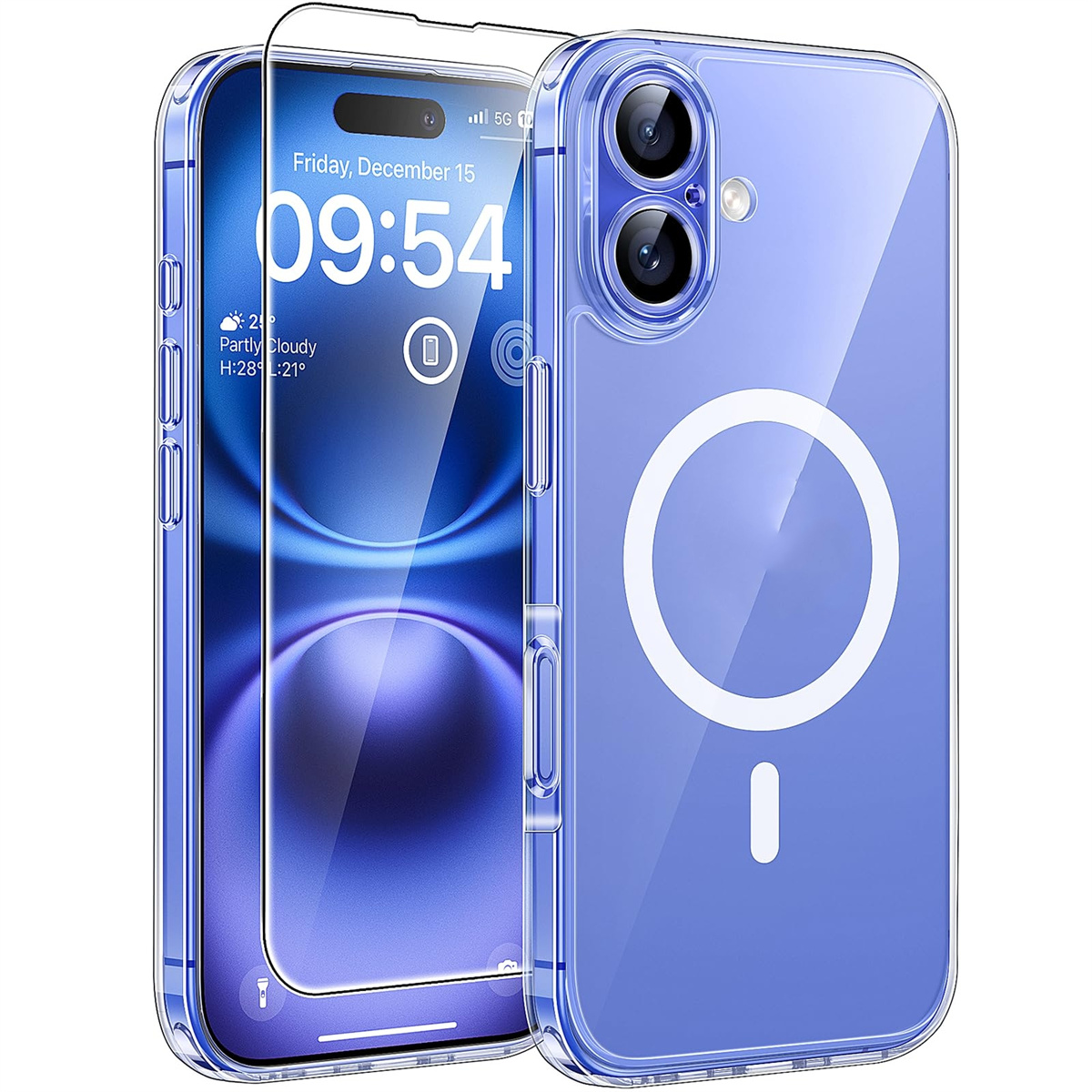 Transparente Handyhülle mit Telefon, das den Bildschirm zeigt, und Displayschutzfolie.