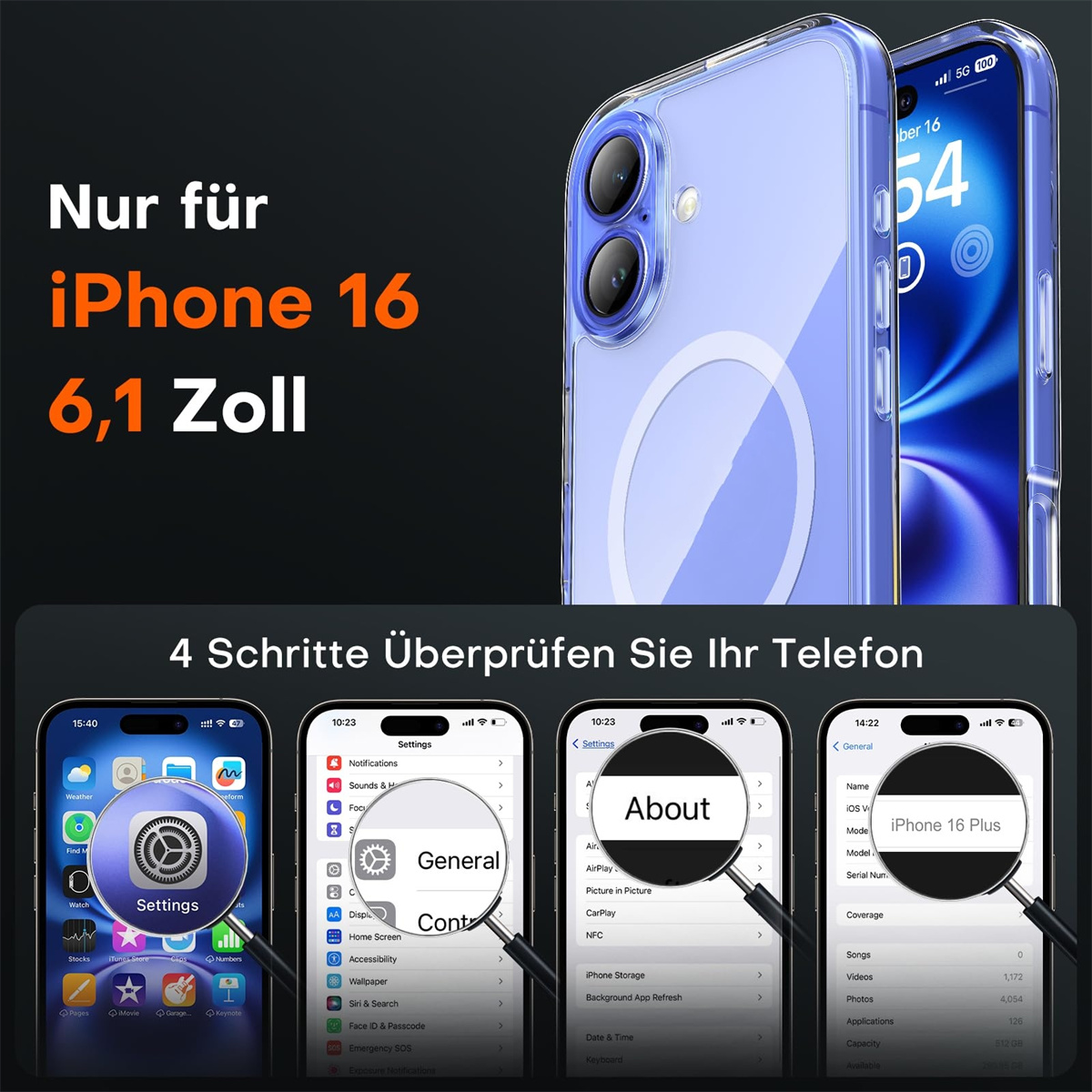 Das Bild zeigt zwei iPhone 16 Telefone in Hüllen und Schritte zur Überprüfung des Telefonmodells.