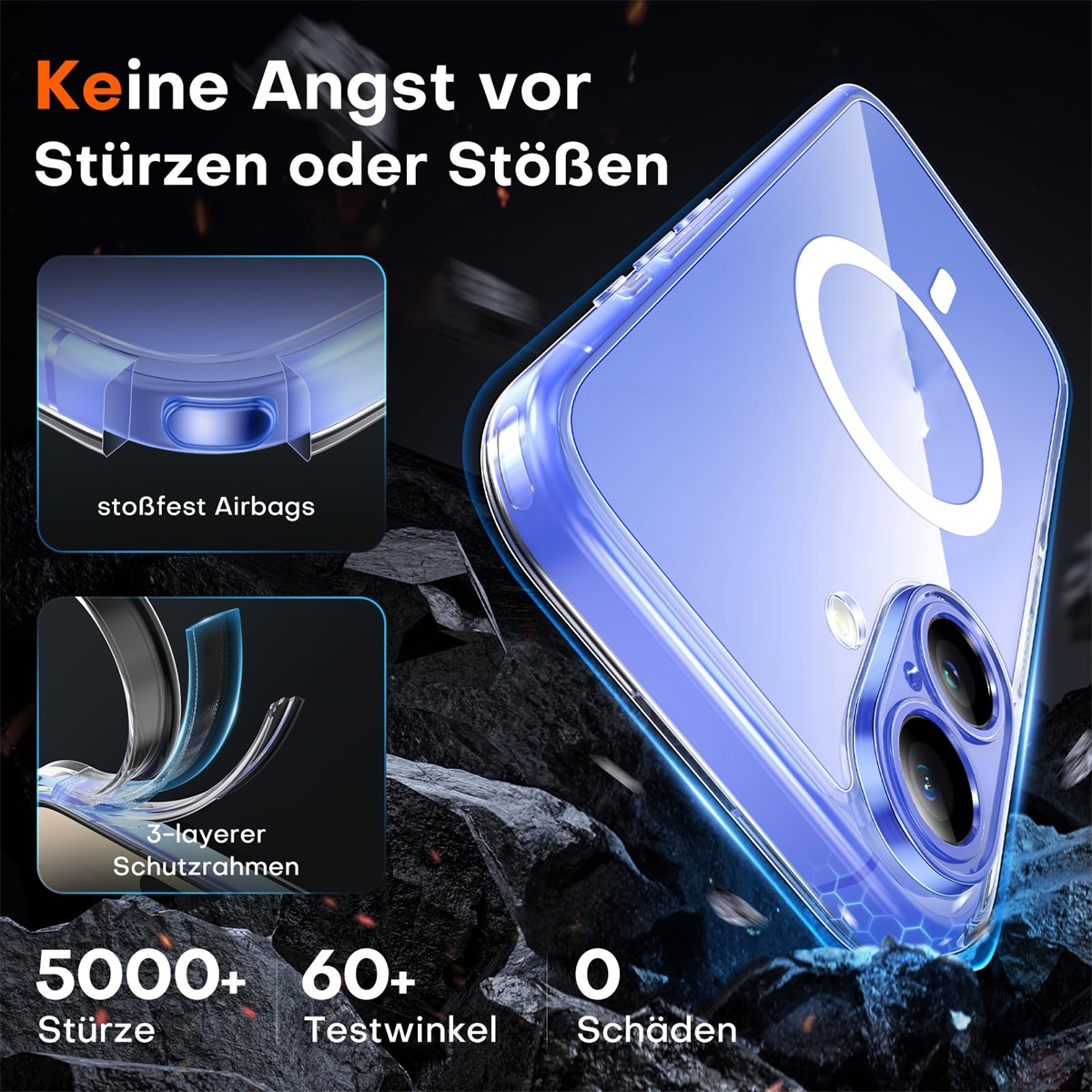 Transparente Handyhülle mit Funktionen, blaues Licht. Text: Keine Angst vor Stürzen oder Stößen.