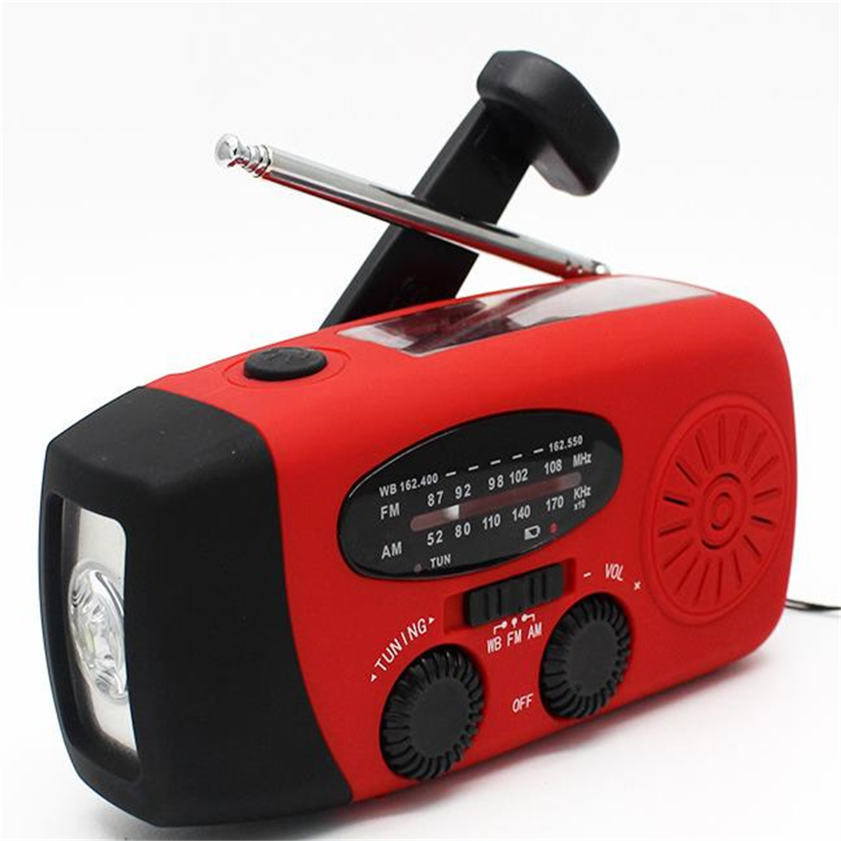 Rotes Radio mit schwarzen Akzenten. Enthält eine Taschenlampe und Bedienelemente.