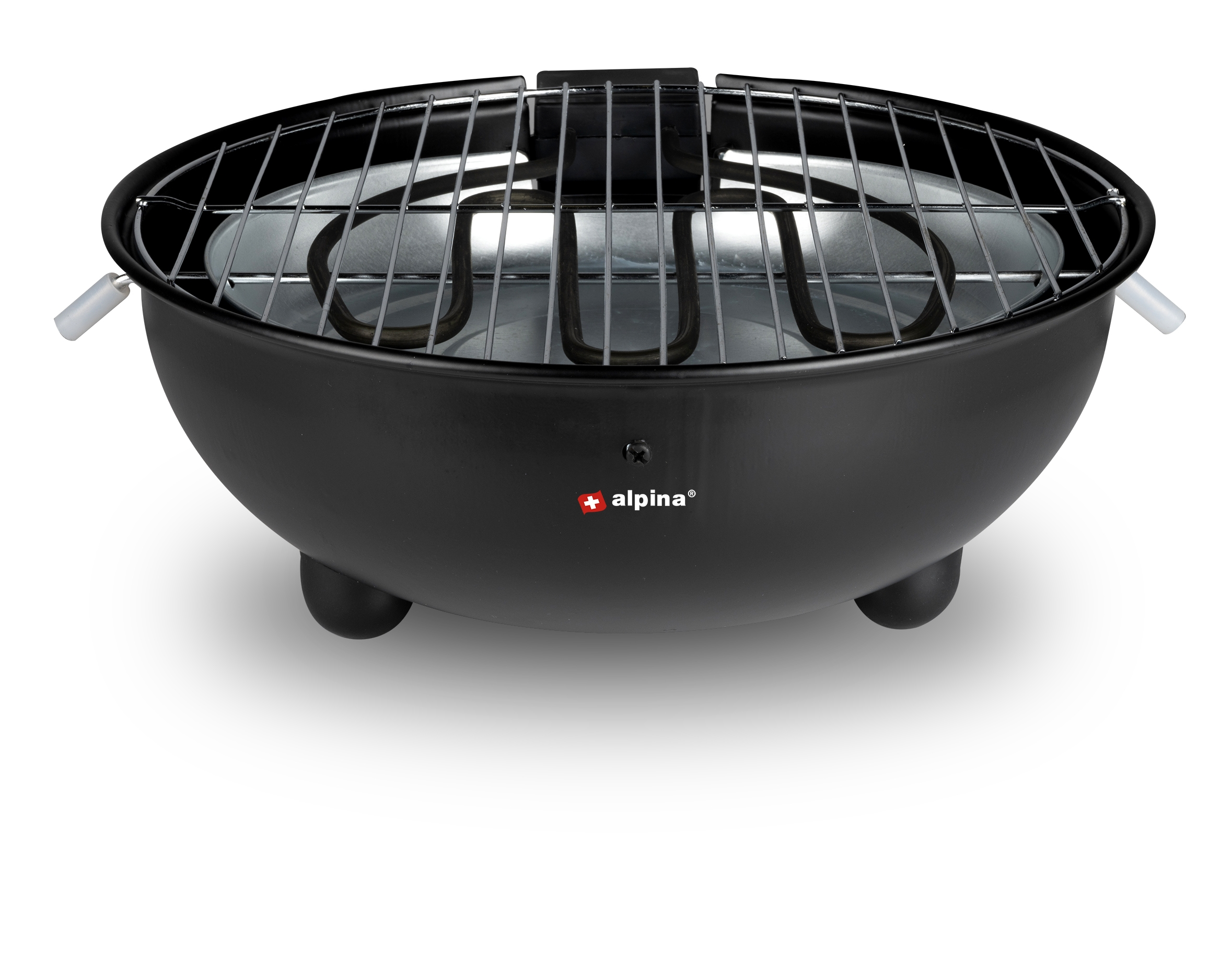 Black, round electric grill with a heating element and a grill rack, set against a white background.