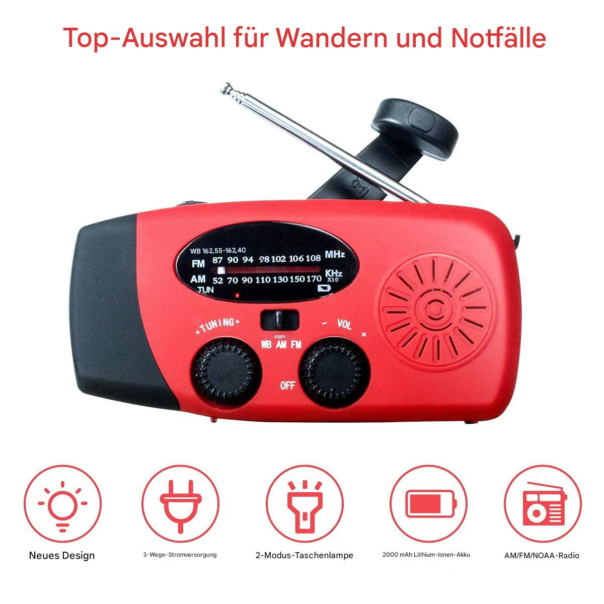 Ein rotes Notfallradio mit Symbolen für Funktionen wie Stromversorgung, 3-Wege-Stromversorgung, Taschenlampe, Akku und AM/FM-Radio.