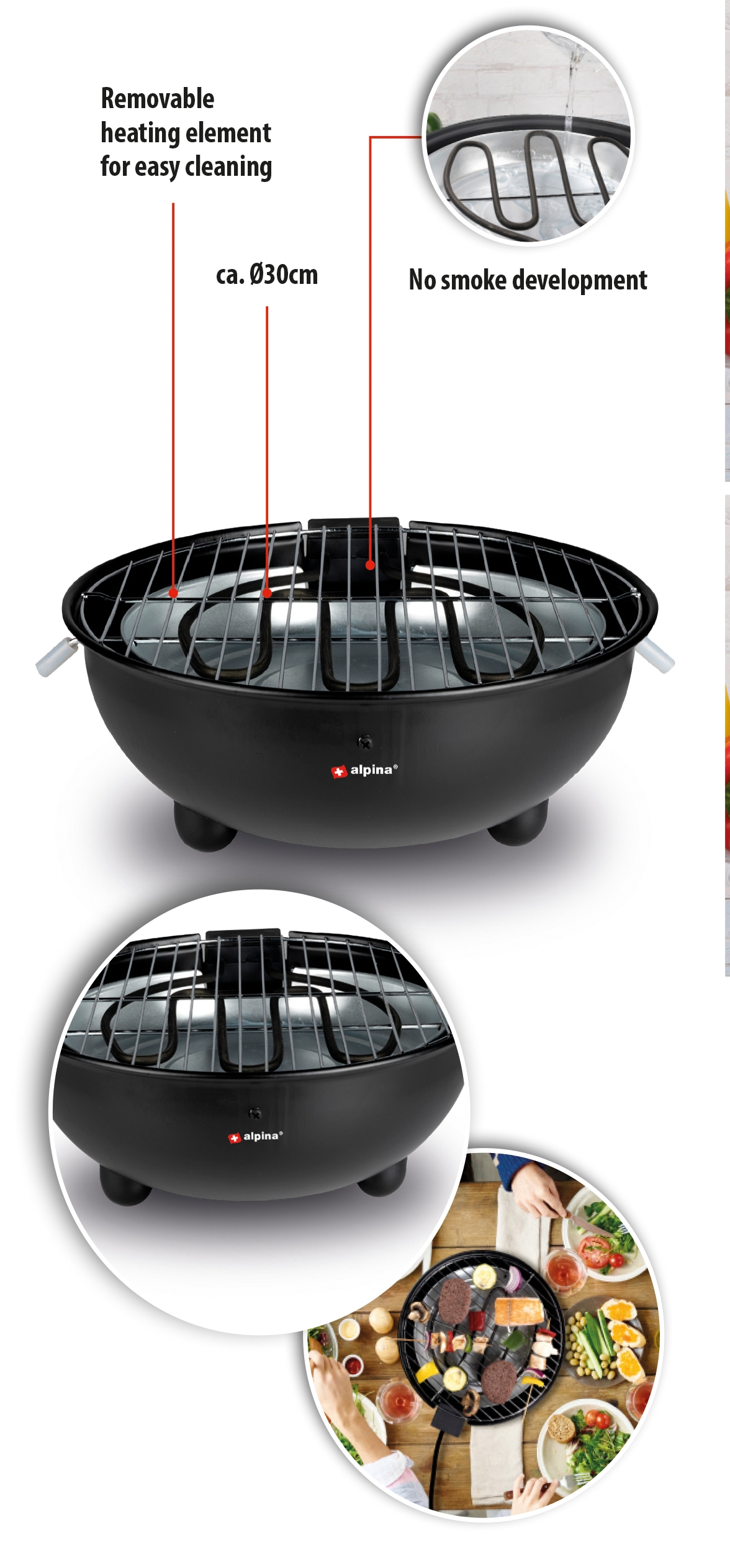 A black grill with a removable heating element. Parts are labeled. There is a picture of people grilling.