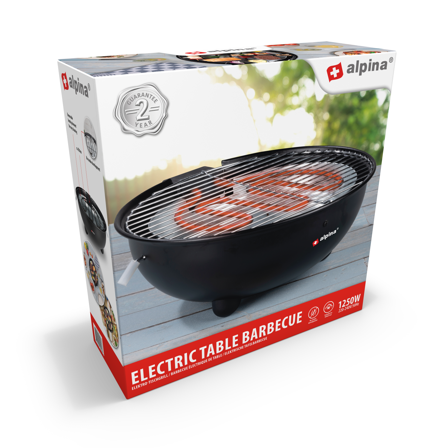 Barbecue box with a black grill and red heating element, with Alpina branding.