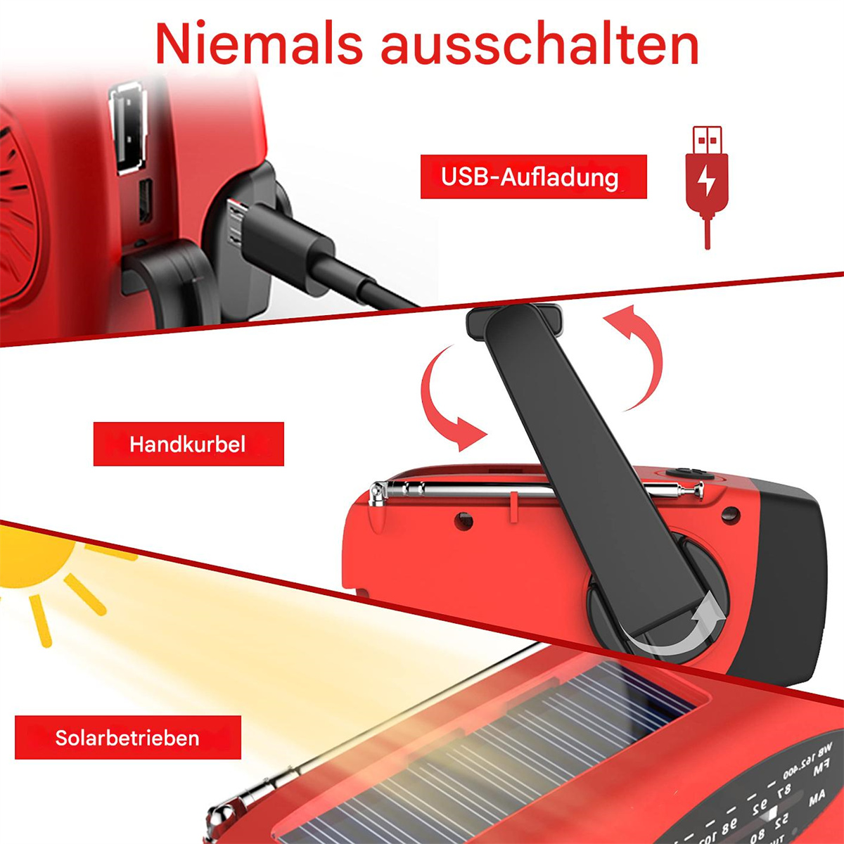 Rotes Radio mit Solarpanel, Ladeanschluss und Handkurbel, Text auf Deutsch.