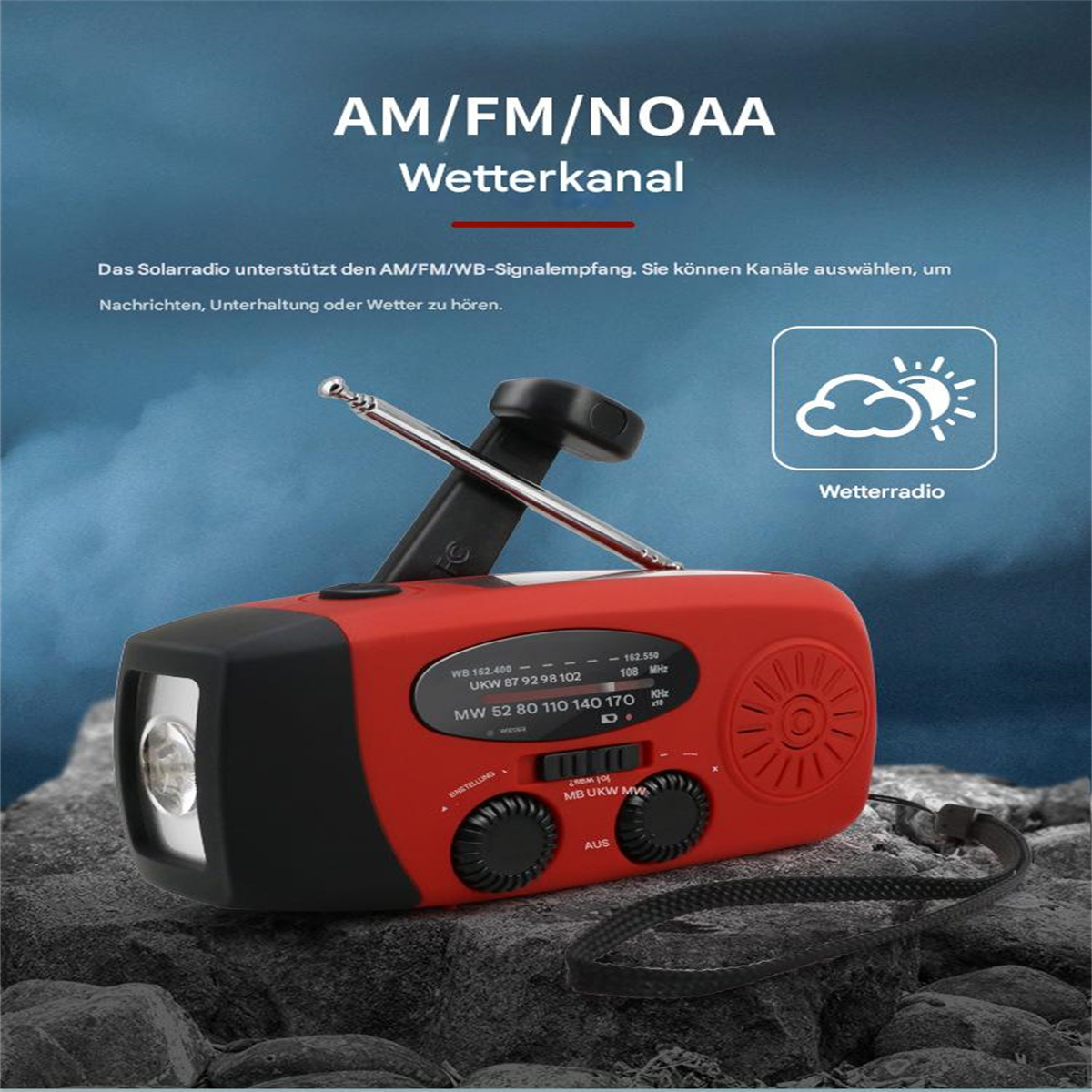 Ein rotes und schwarzes tragbares Radio mit ausziehbarer Antenne und verschiedenen Drehreglern und Knöpfen.