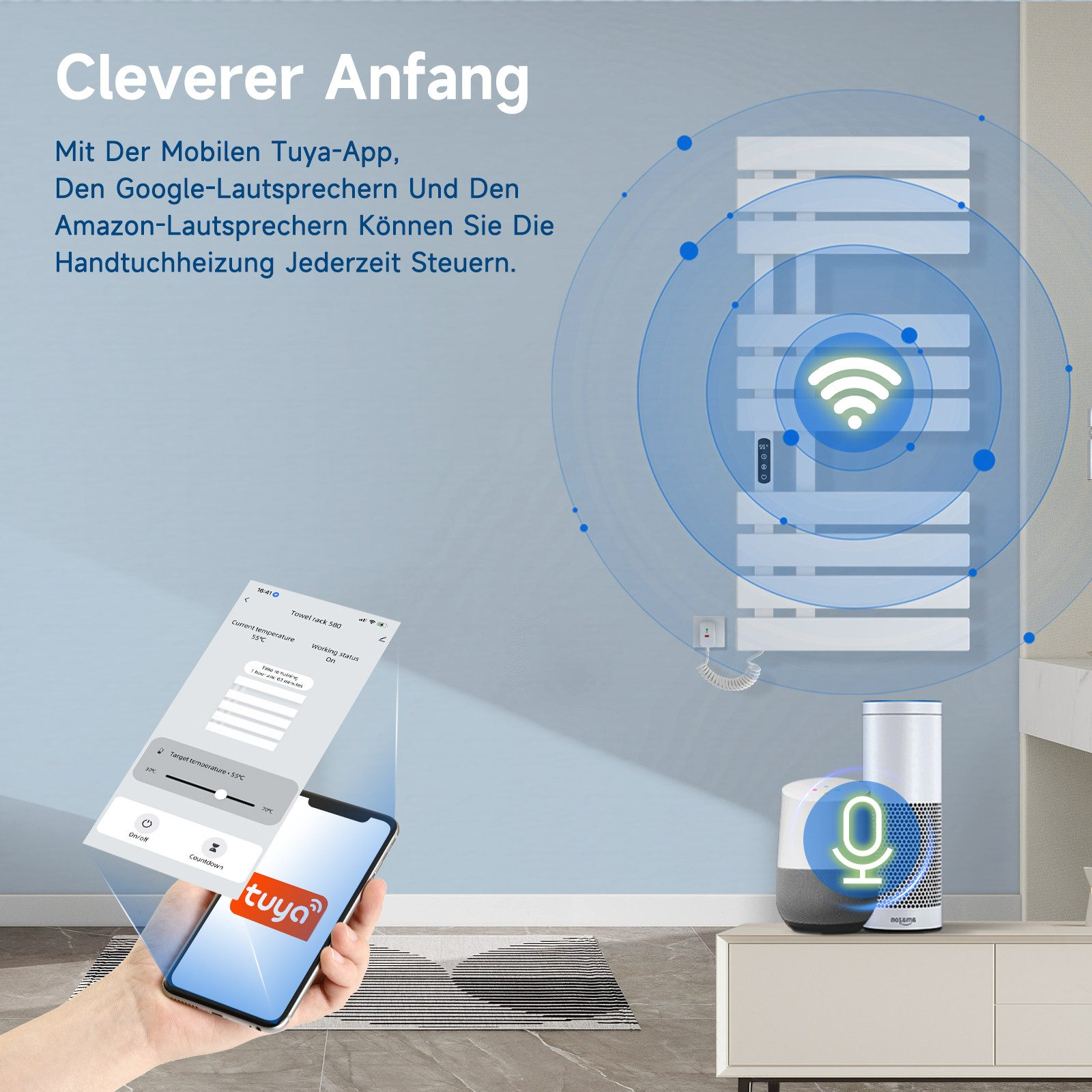 Smart-Home-Gerät mit Telefon und Sprachassistent. WLAN-Symbol. Weiß und schwarz.