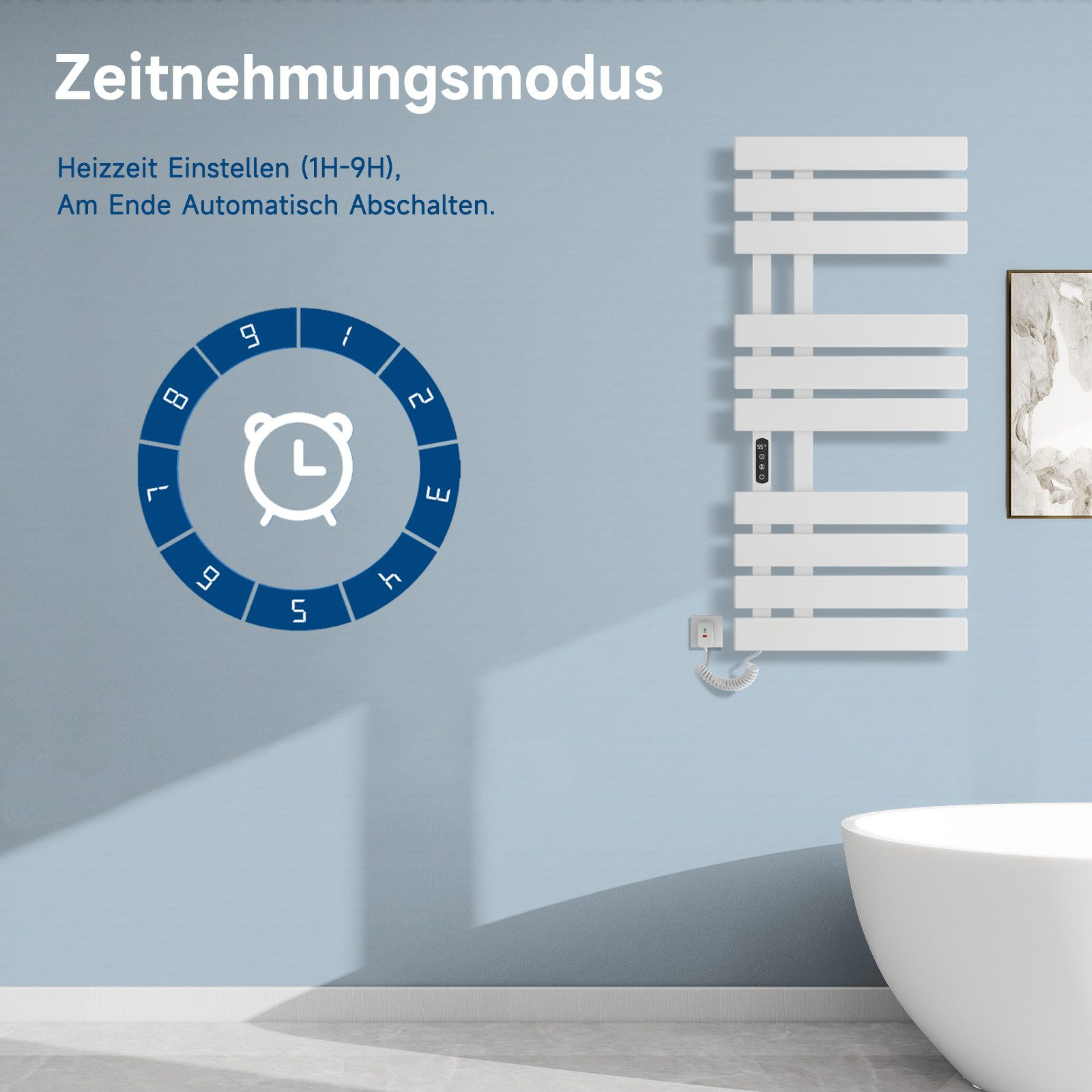 Weißer Handtuchwärmer an blauer Wand mit Uhrsymbol und Zahlen.