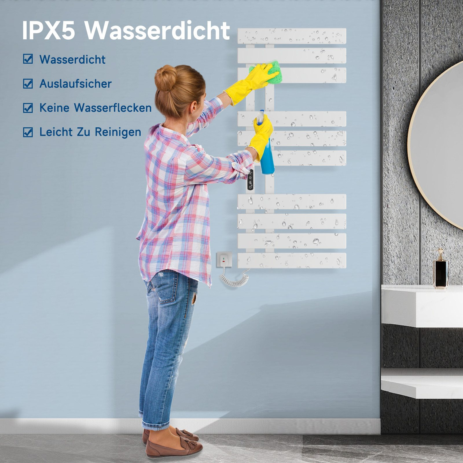 Frau reinigt weißen Handtuchwärmer im Badezimmer. Blaue Wand, Spiegel.