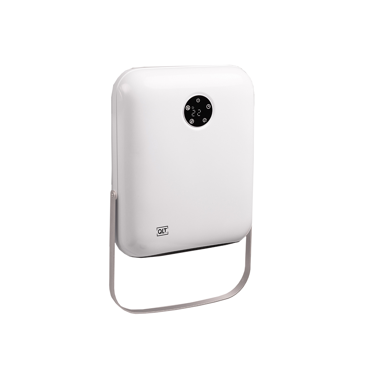 Witte QLT-luchtverwarmer. Het heeft een digitaal display met de temperatuur. Het heeft een handvat.