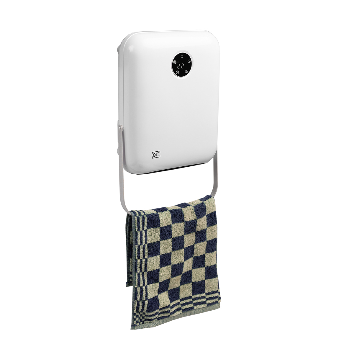 Een witte aan de muur gemonteerde handdoekverwarmer met een handdoek eraan.