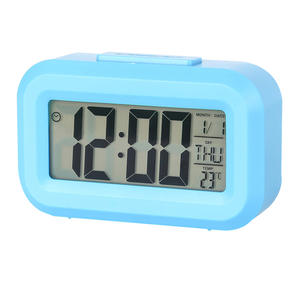 Ein blauer digitaler Wecker mit der Anzeige 12:00 und weißem Ziffernblatt.