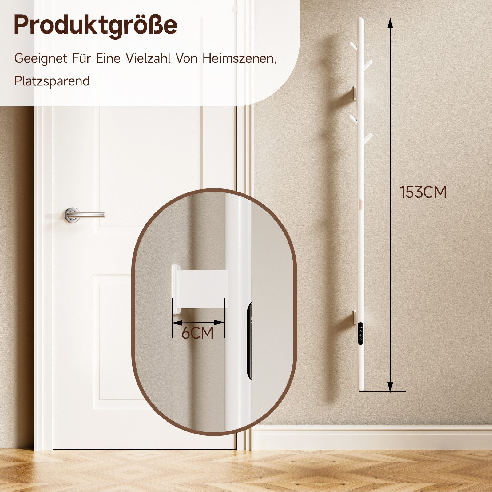 Ein weißer Kleiderständer steht an einer weißen Tür. Der Text sagt, dass er 153 cm hoch und 6 cm breit ist.