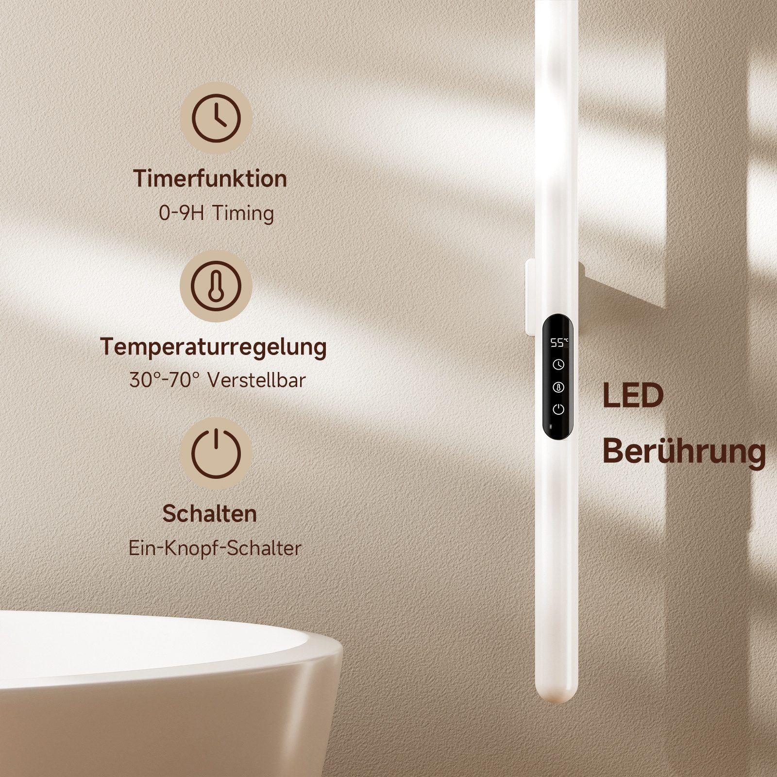 Weißer Handtuchwärmer mit Timer und Temperaturregelung. Beige Wand.