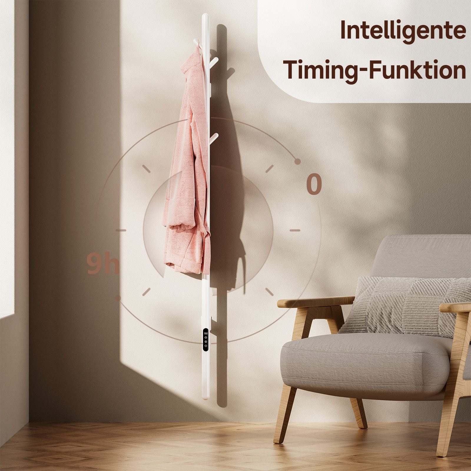 Weißer Garderobenständer mit rosa Jacke, Timer-Grafik und einem grauen Sessel.