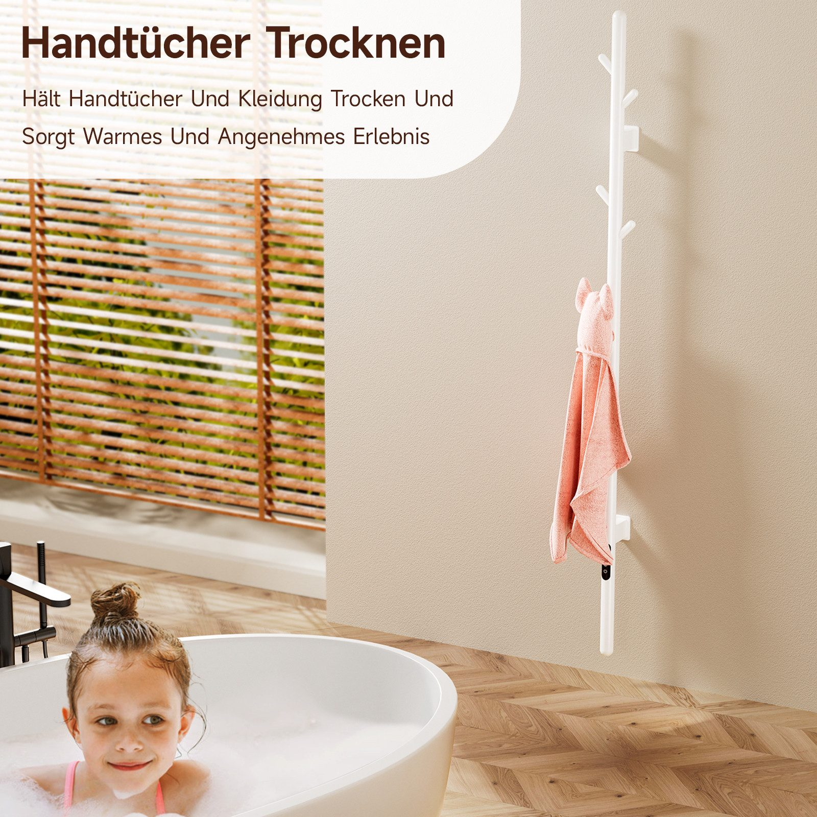 Ein Mädchen badet in einer Badewanne, im Hintergrund ein Handtuchhalter.