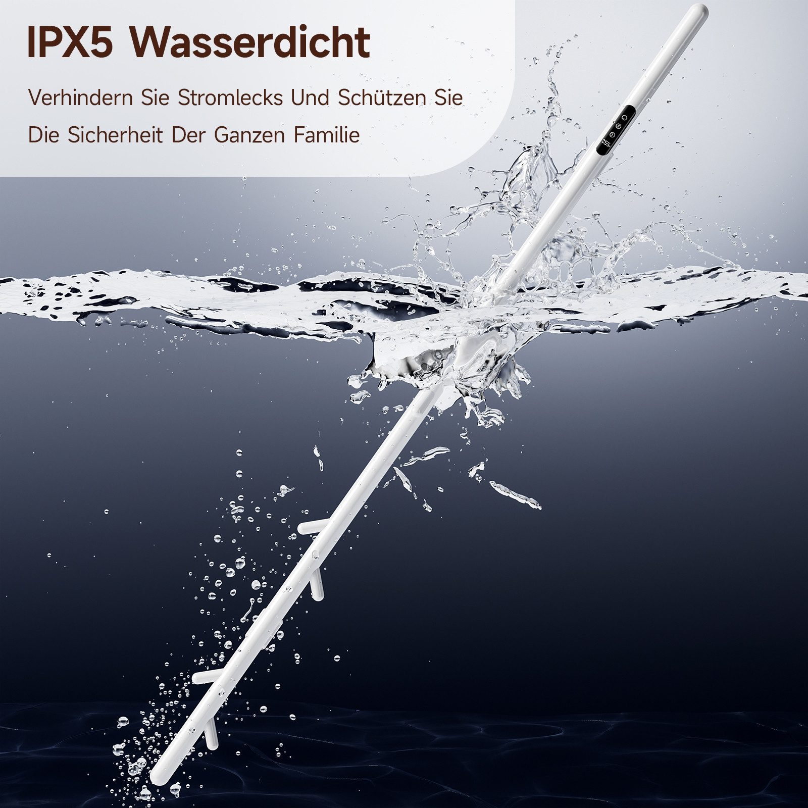 Weißer Stab im Wasser, mit Wasserspritzern und Text 'IPX5 Wasserdicht'.
