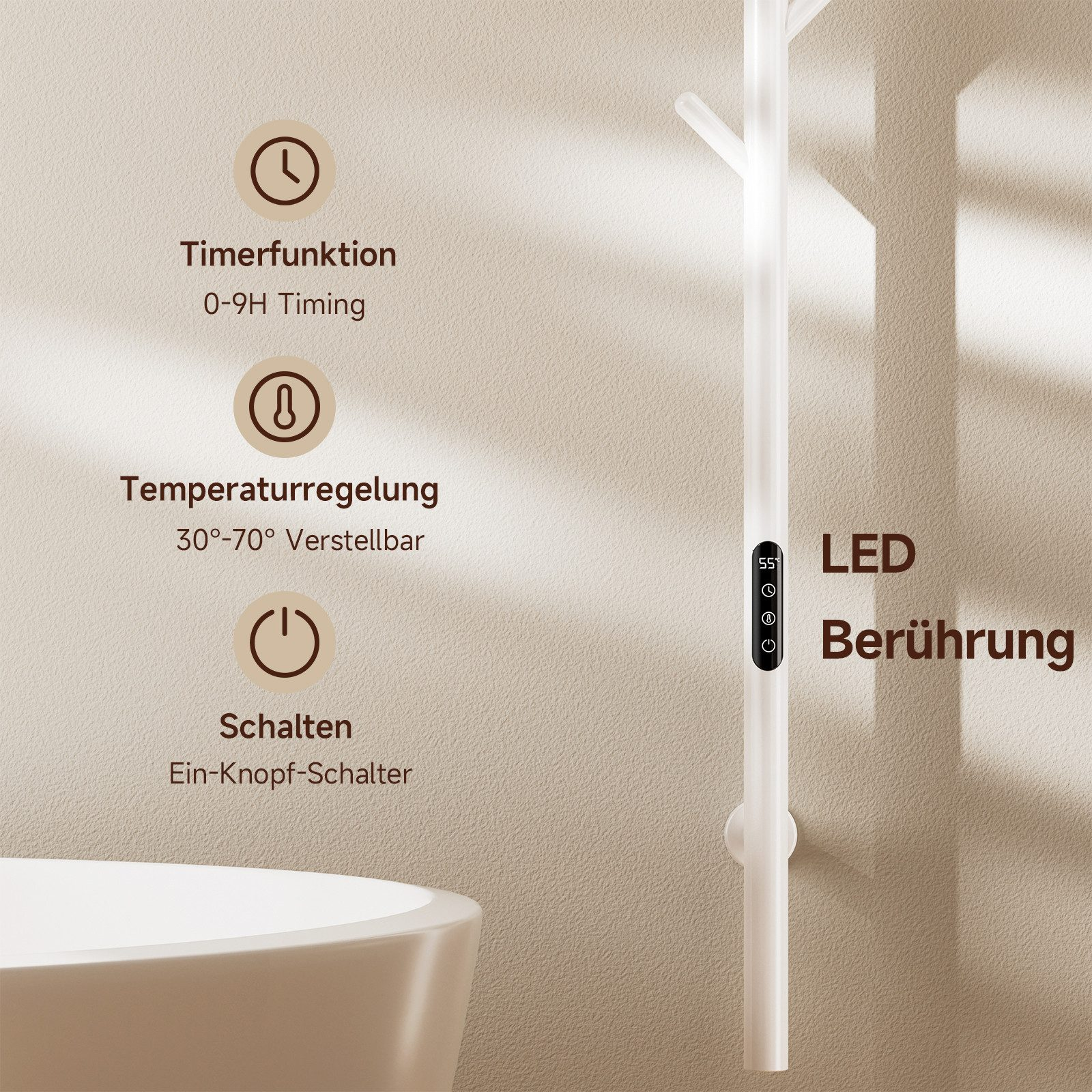 Nahaufnahme einer weißen Tafel an einer Wand mit Symbolen und Text auf Deutsch.