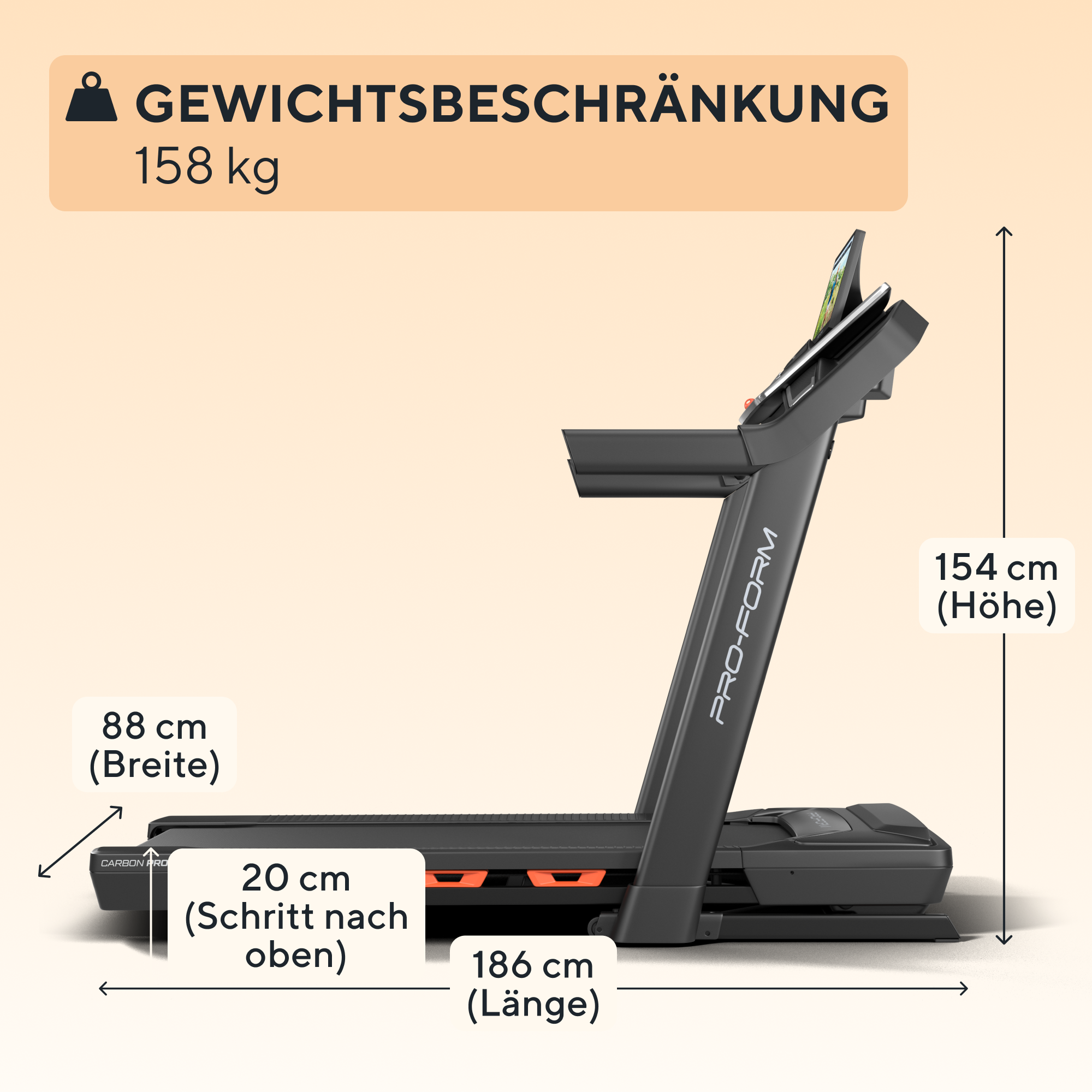 Schwarzes Laufband mit orangefarbenen Akzenten, Maße beschriftet. Gewichtsbeschränkung von 158 kg.